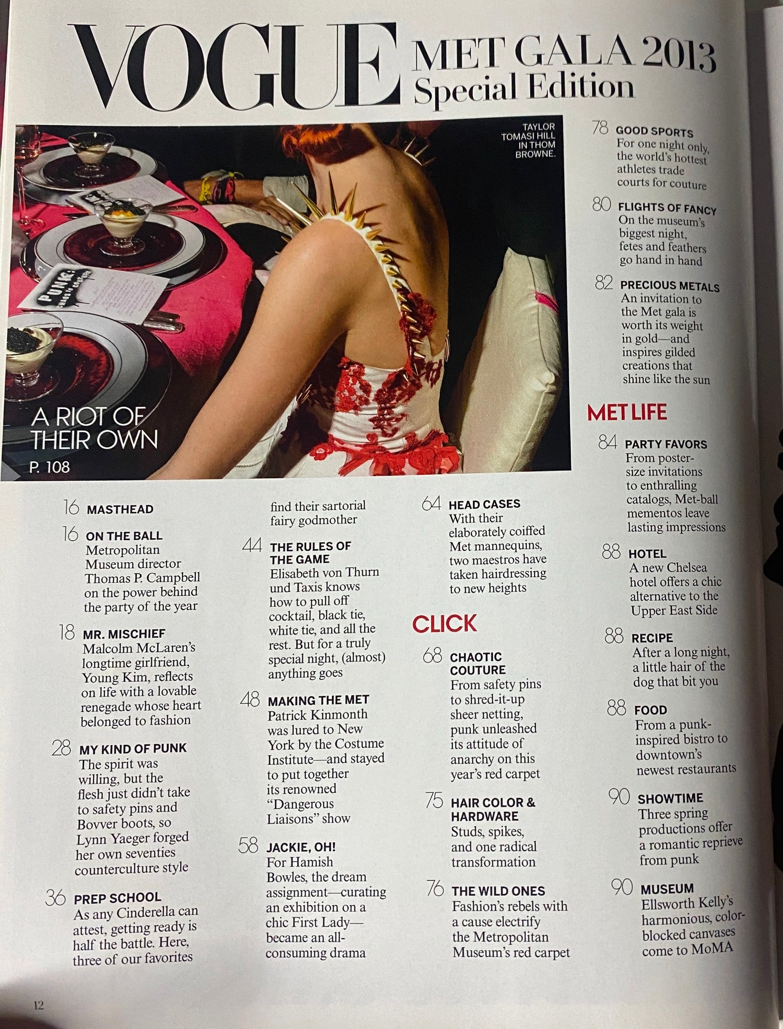 Table of contents page from Vogue Magazine 2013 Met Gala, detailing features like 'A Riot of Their Own' and 'The Rules of the Game', alongside page numbers for easy navigation.
