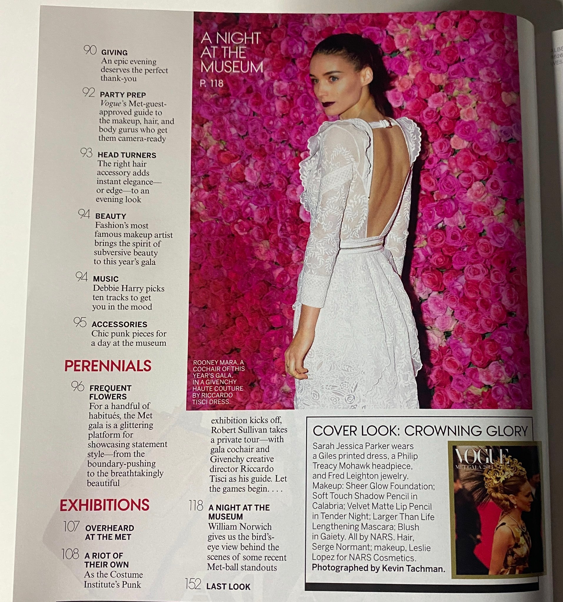 Editorial page from Vogue Magazine 2013 Met Gala, featuring article highlights like 'A Night at the Museum' and vibrant floral background providing event coverage details.