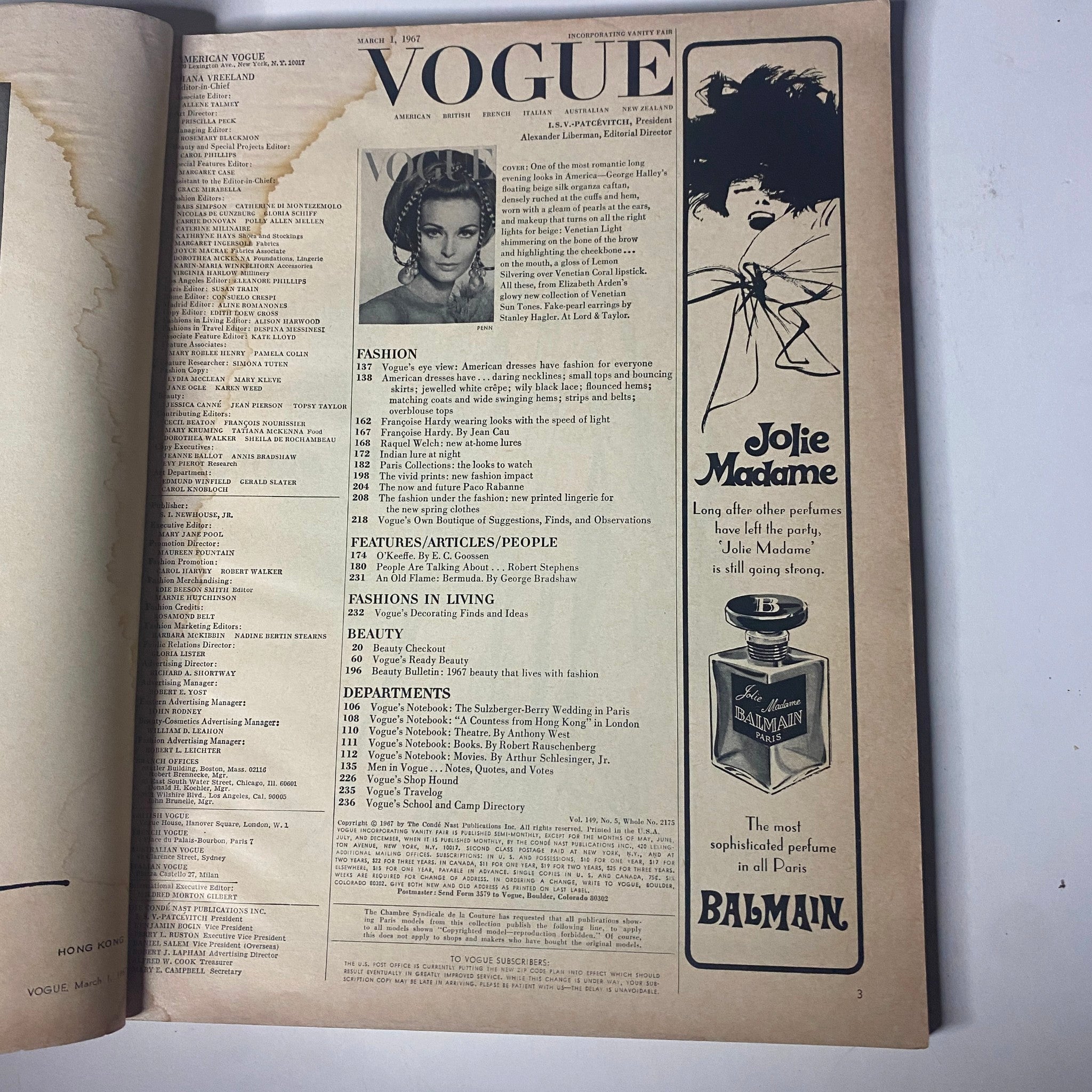 Interior page of Vogue Magazine March 1, 1967, displaying the table of contents and an advertisement for Jolie Madame perfume, highlighting fashion and beauty features.