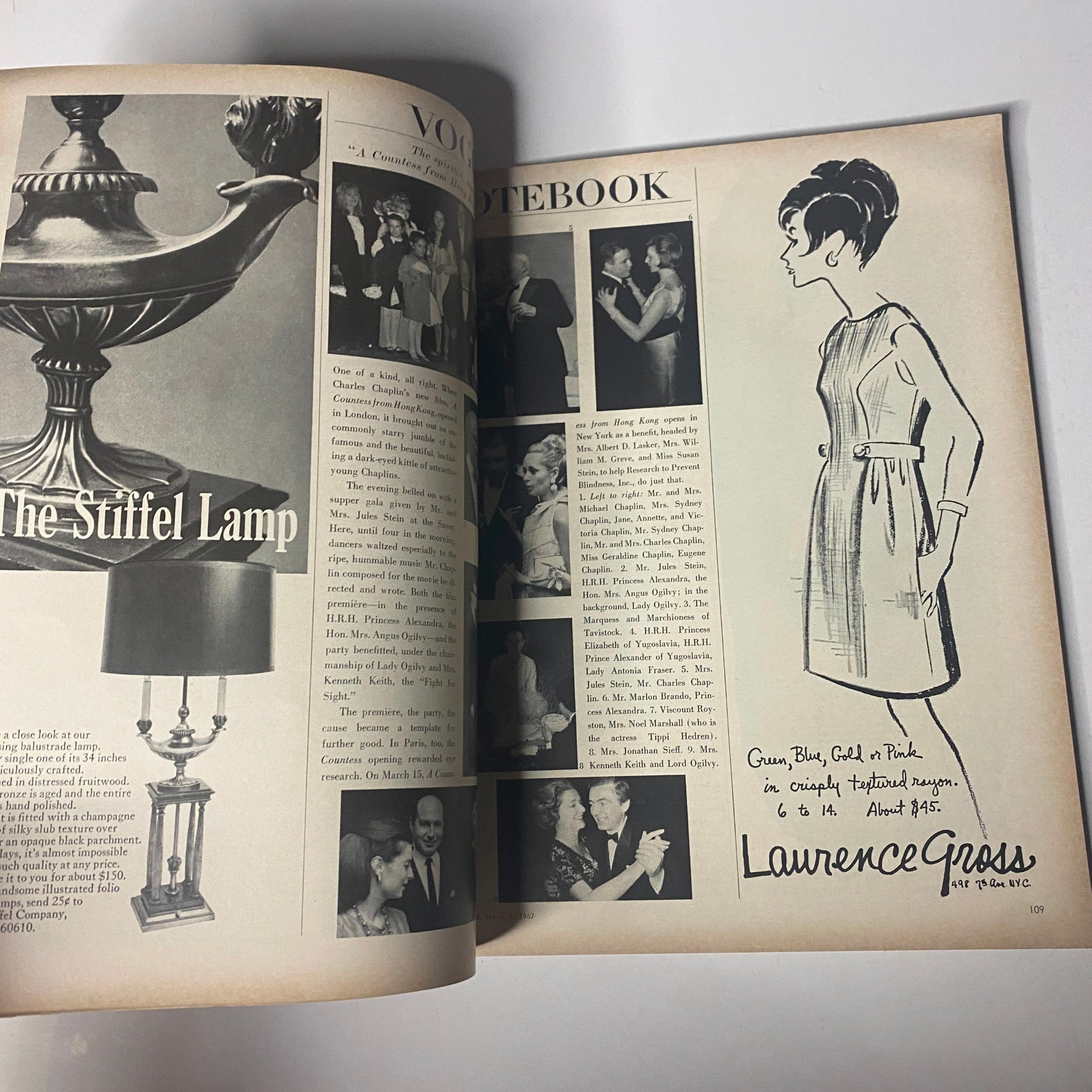 A note-filled page from Vogue Magazine March 1, 1967, featuring illustrations and photos, offering a glimpse into the editorial style and content of the era.