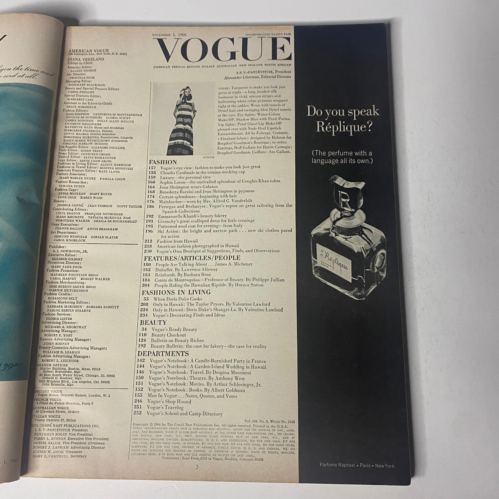 Inside spread of Vogue Magazine November 1, 1966, showing the table of contents with elegant typography and advertisements.