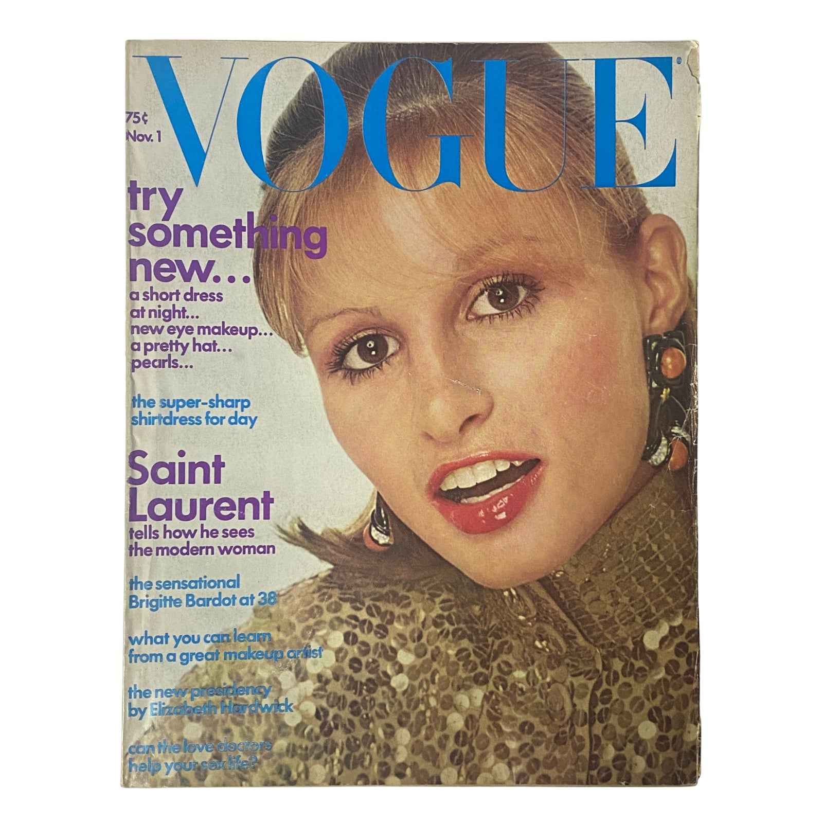 Cover of Vogue Magazine November 1, 1972 featuring Apollonia van Ravenstein, showcasing a short dress and makeup tips, with a light purple background and bold text.