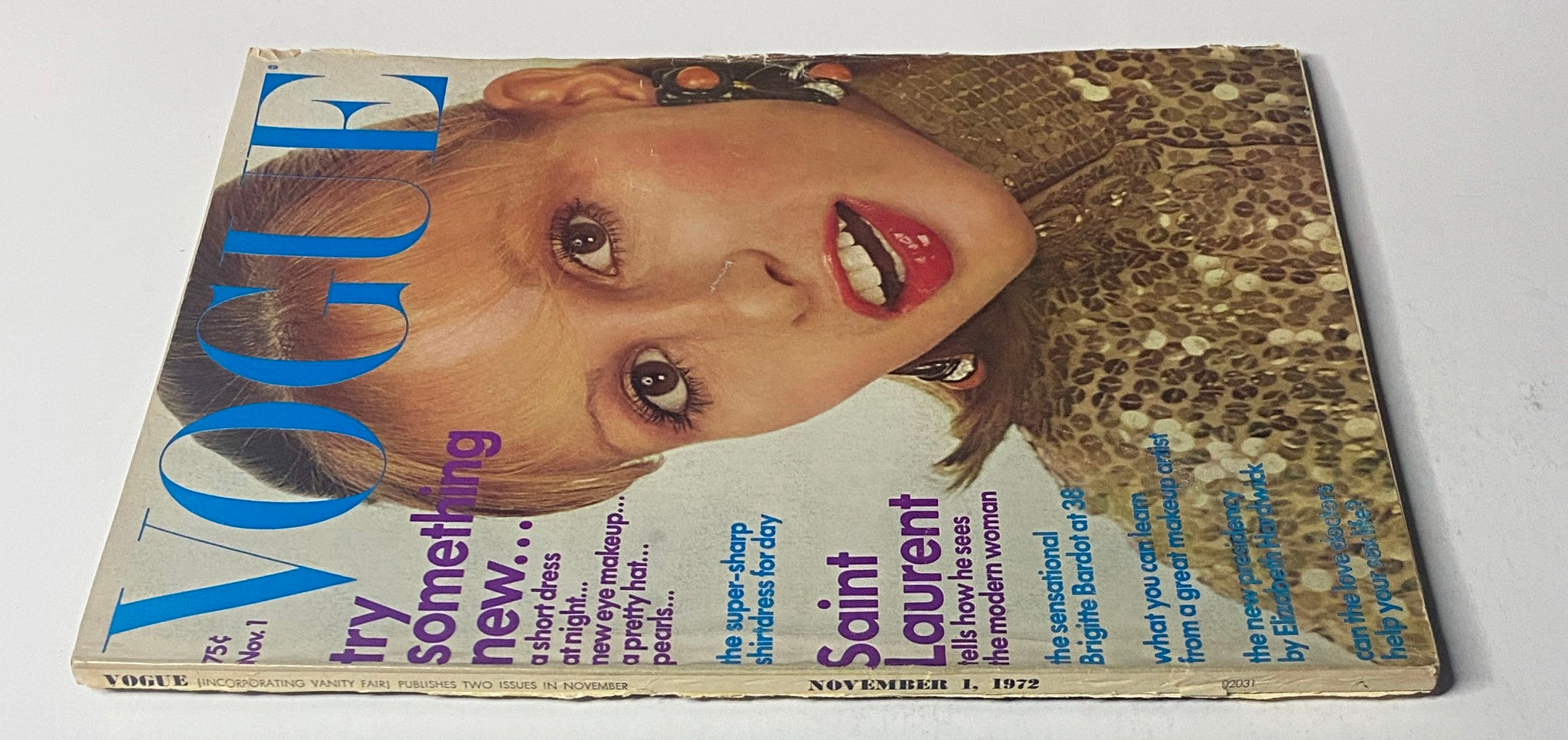 Another angle of Vogue Magazine November 1, 1972 with Apollonia van Ravenstein on the cover, emphasizing fashion trends and helpful tips for modern women.