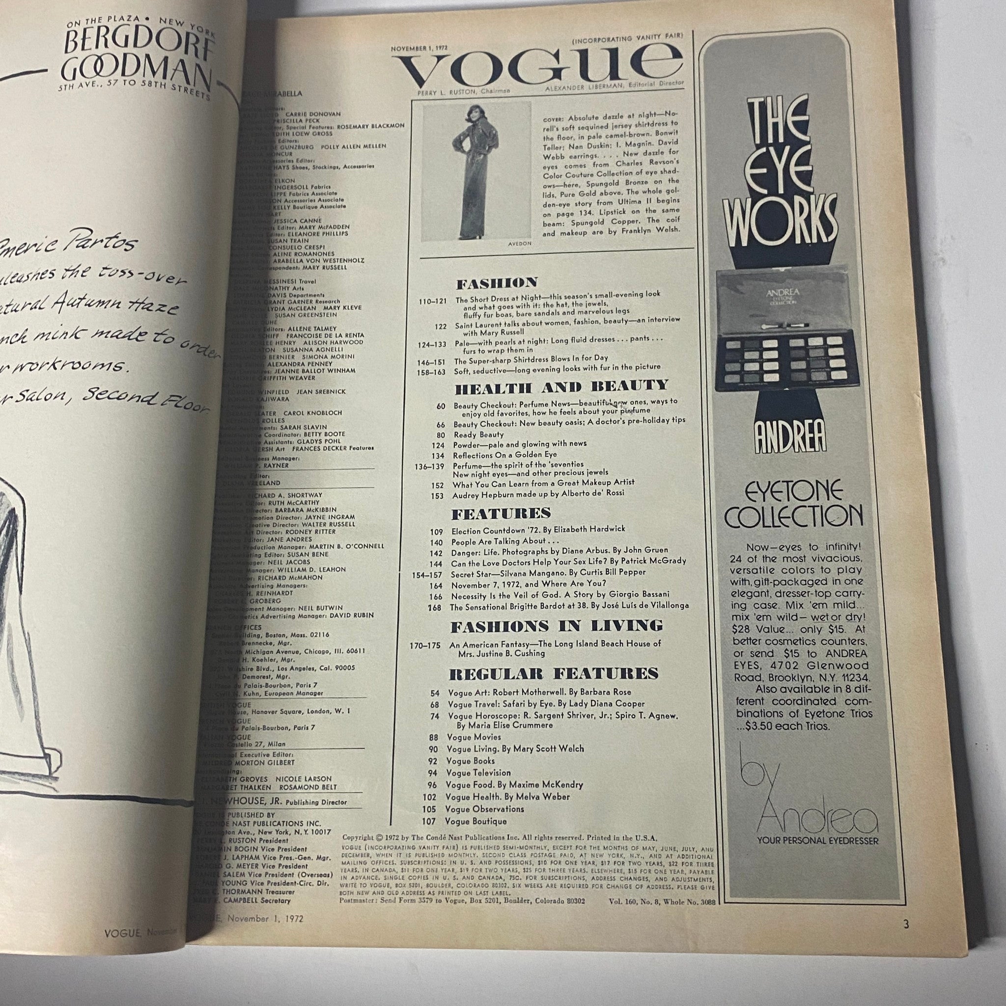 Page inside Vogue Magazine November 1, 1972 displaying the table of contents, highlighting fashion and beauty features from the era.