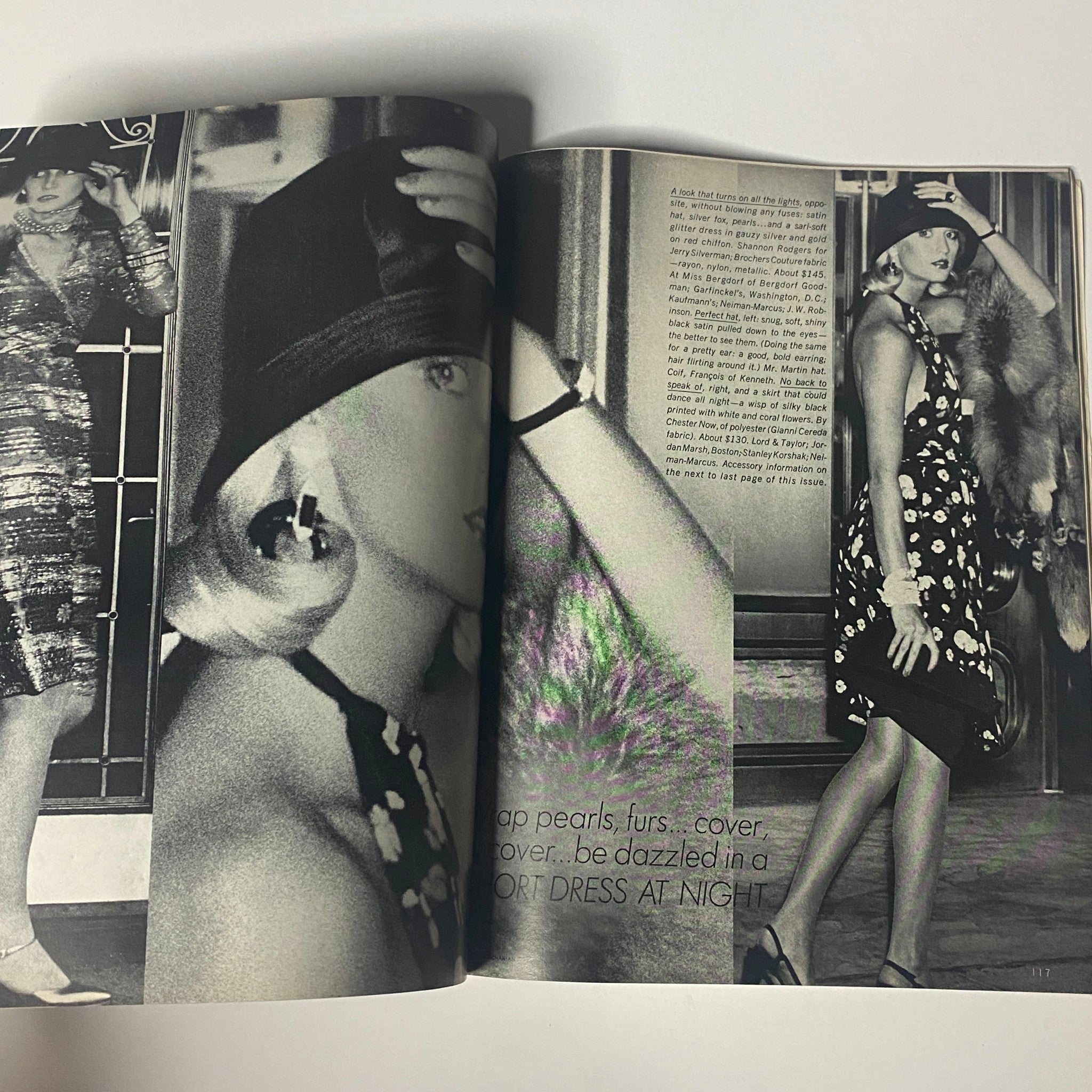 Fashion spread from Vogue Magazine November 1, 1972, showing a model in stylish attire, promoting evening wear and sophisticated looks.
