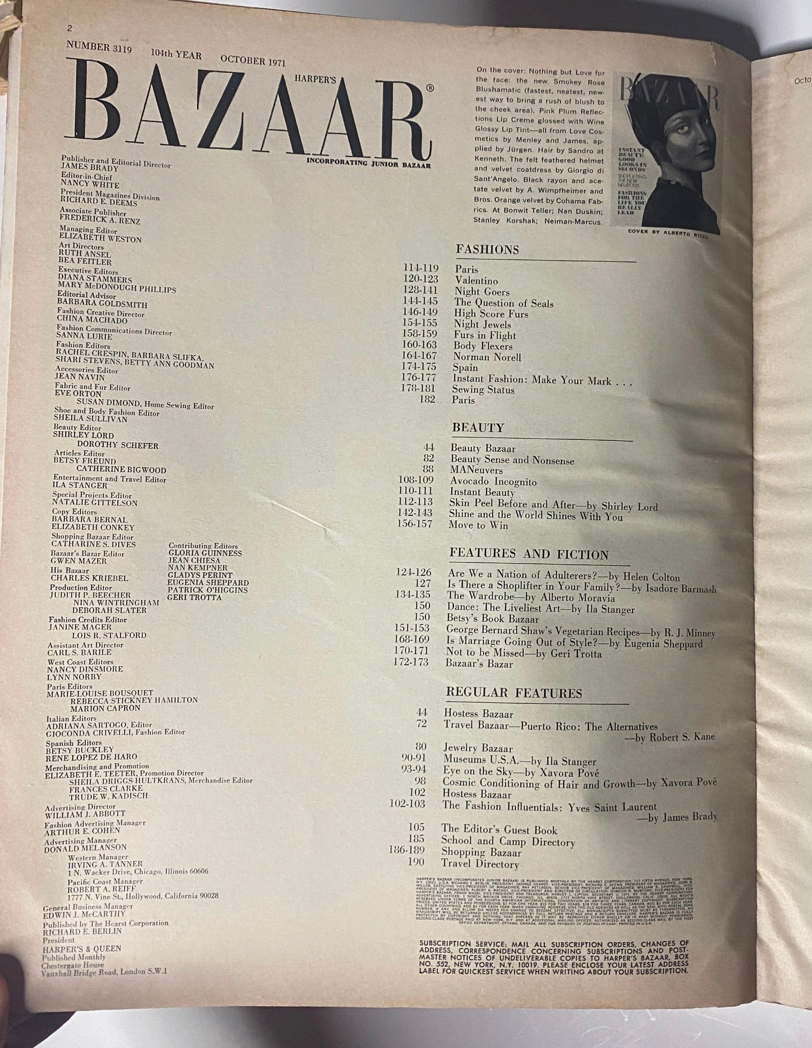 Table of Contents from Harper's Bazaar Magazine October 1971, detailing featured articles on fashion and beauty, including highlights of the issue.