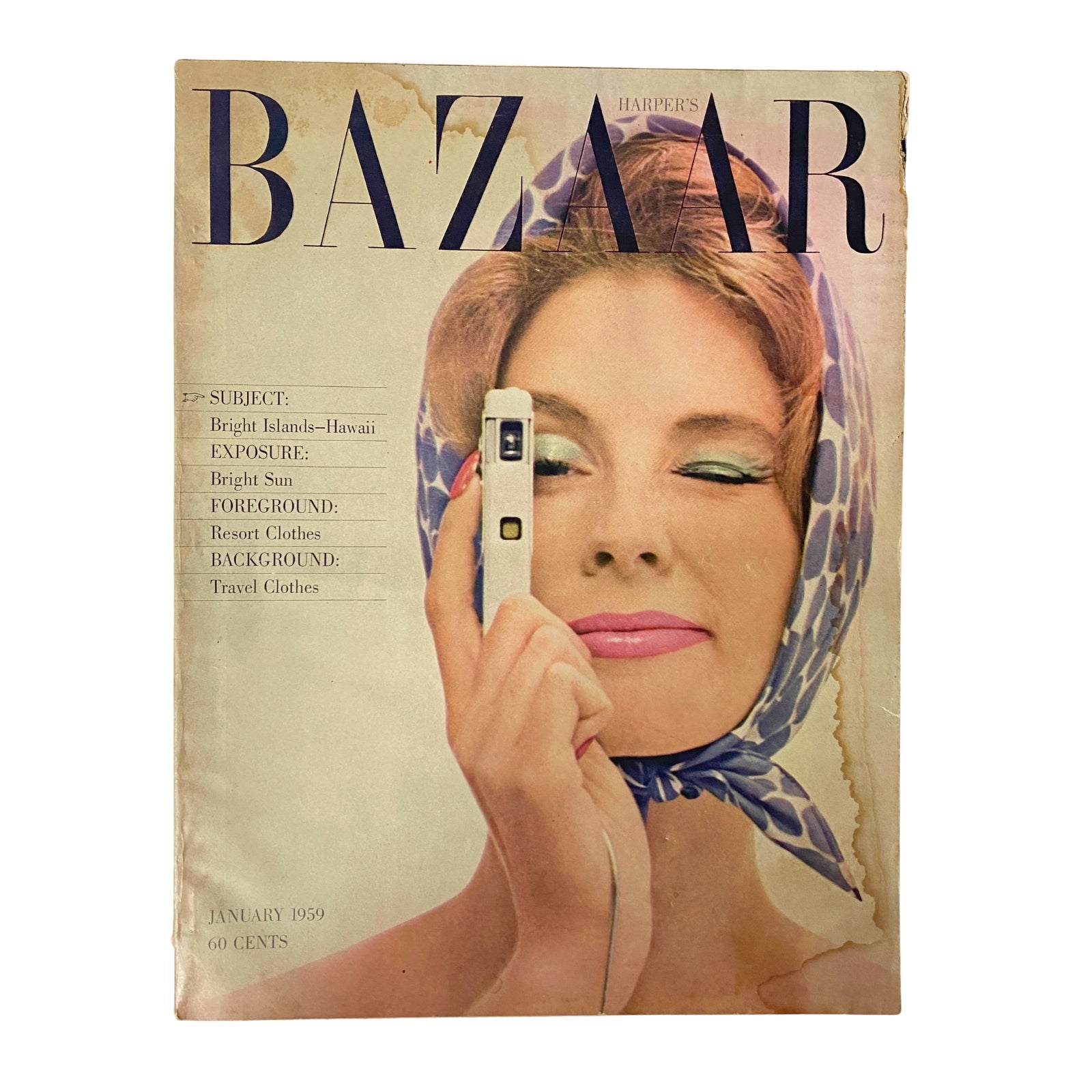 Cover of Harper's Bazaar Magazine January 1959 featuring a woman with a camera wearing a scarf, highlighting the theme Bright Islands - Hawaii.