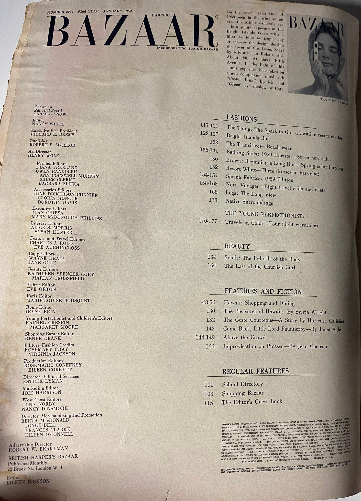 Table of contents page from Harper's Bazaar Magazine January 1959, detailing sections on fashion, beauty, and features with the theme Bright Islands - Hawaii.