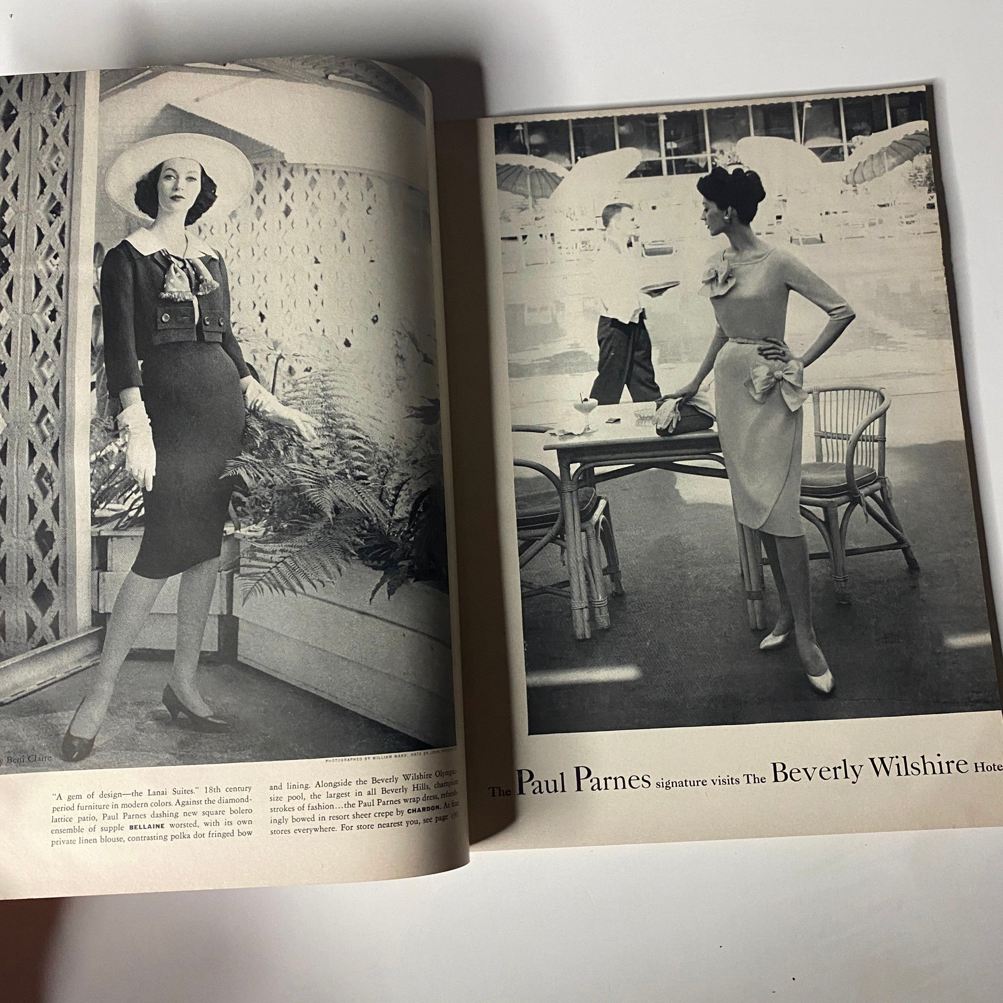 Vintage fashion from Harper's Bazaar Magazine January 1959 featuring a stylish woman in a black dress and wide-brimmed hat, capturing 1950s elegance at The Beverly Wilshire Hotel.