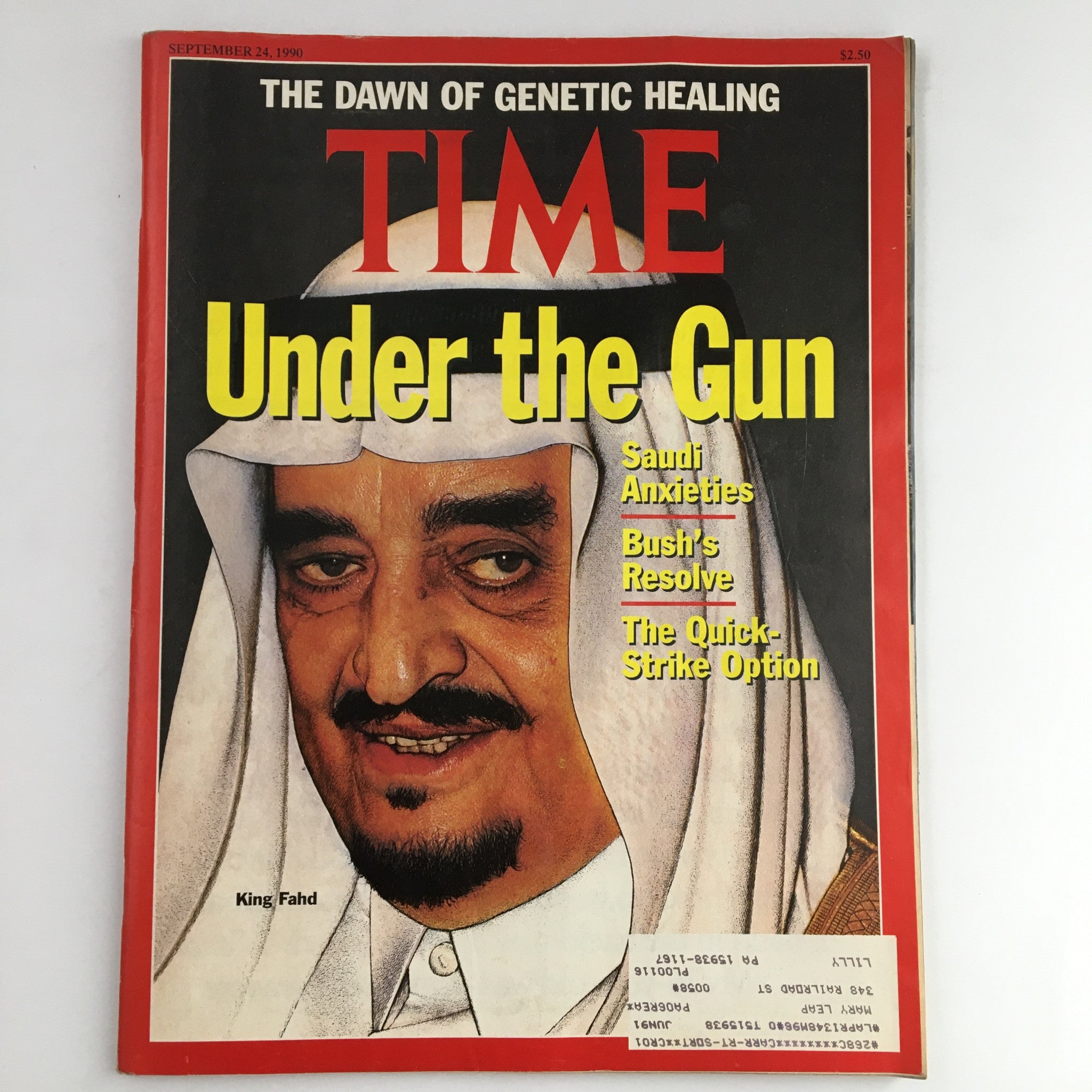 Cover of Time Magazine, September 24, 1990, featuring King Fahd of Saudi Arabia with the headline 'Under the Gun