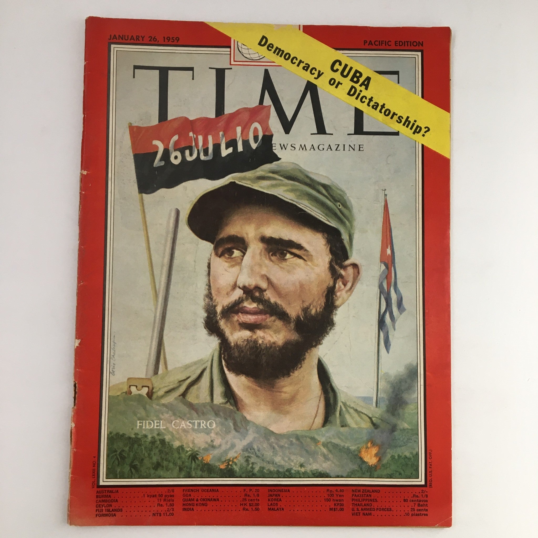 Time Magazine cover from January 26, 1959, featuring Fidel Castro, titled 'Revolutionary Fidel Castro', Vol. 73 No. 4, showcasing the Pacific Edition with the headline 'CUBA: Democracy or Dictatorship?' and minor wear visible on the magazine.