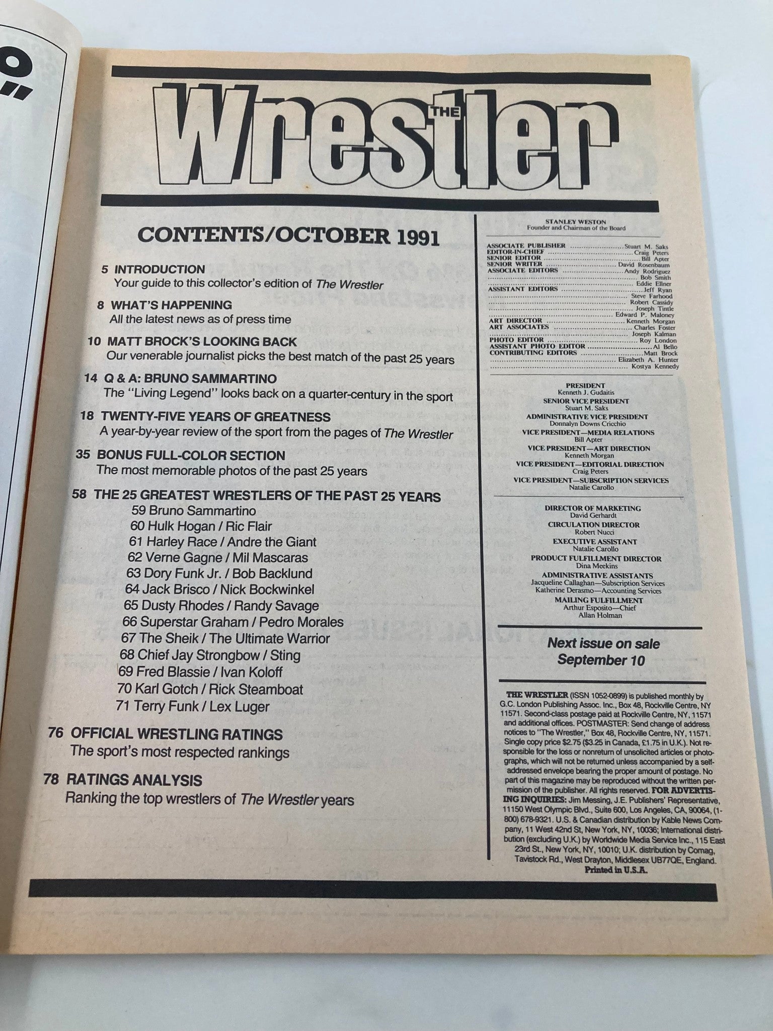 Contents page of The Wrestler Magazine October 1991 detailing articles on wrestling history, including exclusive features and rankings of notable wrestlers.