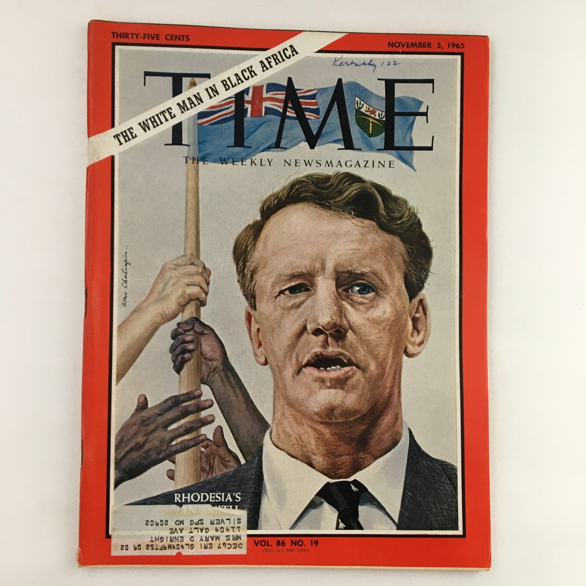 Time Magazine November 5 1965 cover featuring the title 'The White Man in Black Africa' and a portrait of a man with hands of diverse ethnicities around him representing colonial themes.