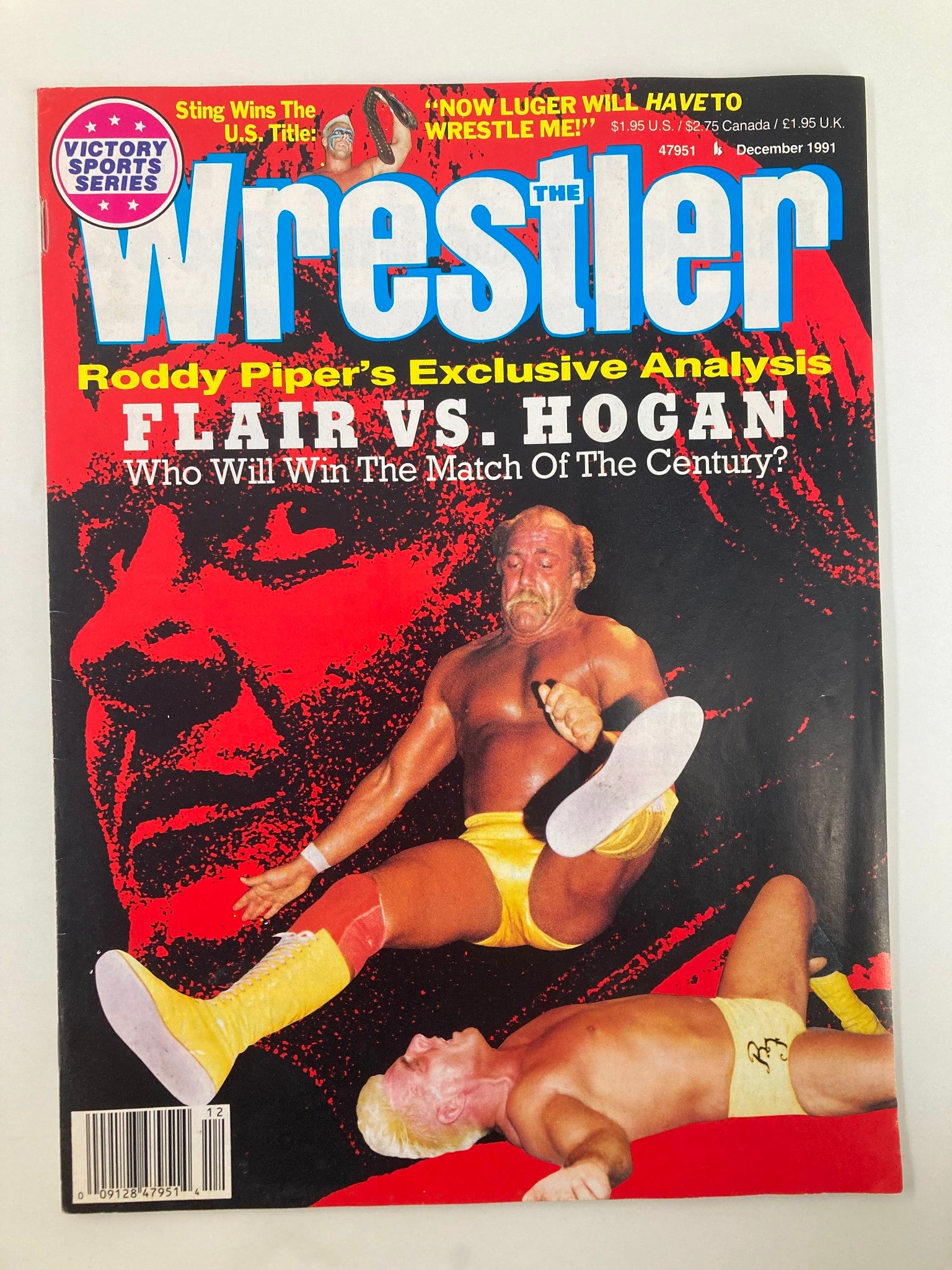 The Wrestler Magazine December 1991 featuring Hulk Hogan vs Ric Flair on the cover. The vibrant cover showcases an action shot of Hulk Hogan in his iconic yellow attire facing off against Ric Flair, with a dramatic red background and bold text highlighting the match.