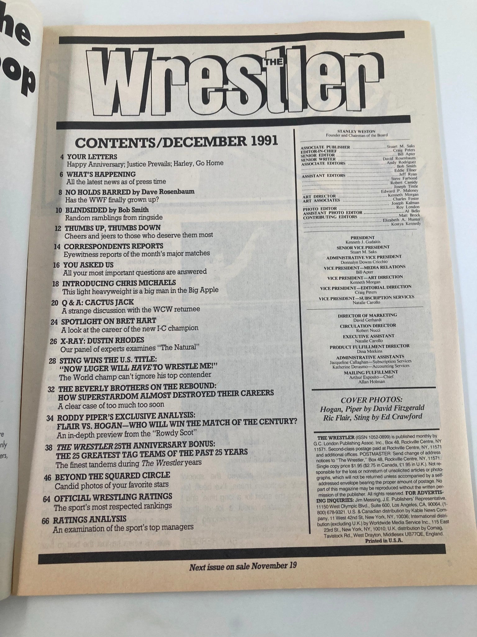 The table of contents page from The Wrestler Magazine December 1991. This page outlines articles and features including a match analysis of Hulk Hogan vs Ric Flair, with various sections dedicated to wrestling news and insights from the early '90s.