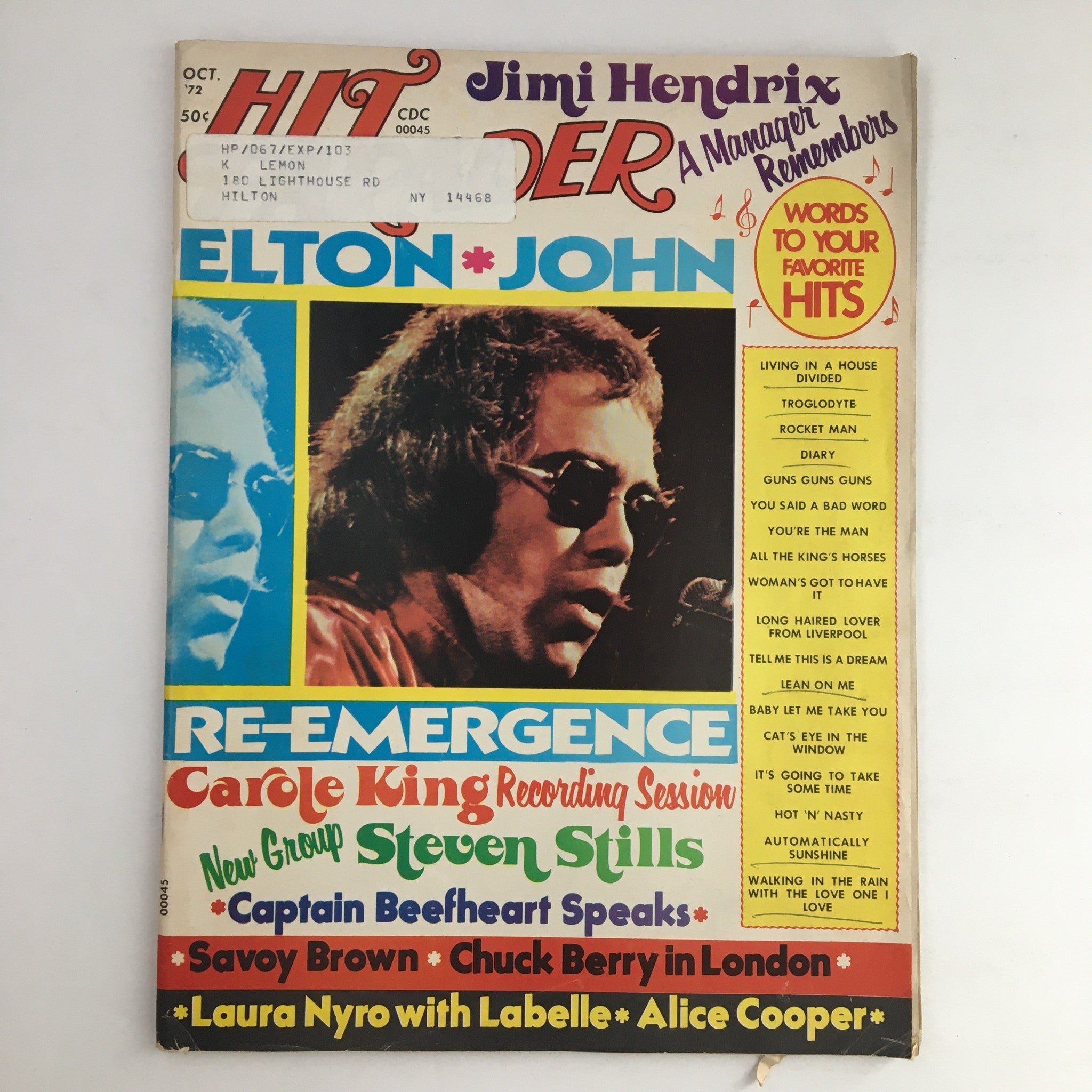 Hit Parader Magazine October 1972 featuring Elton John on the cover along with images of Carole King and Steven Stills, capturing the essence of 1970s rock and pop music.