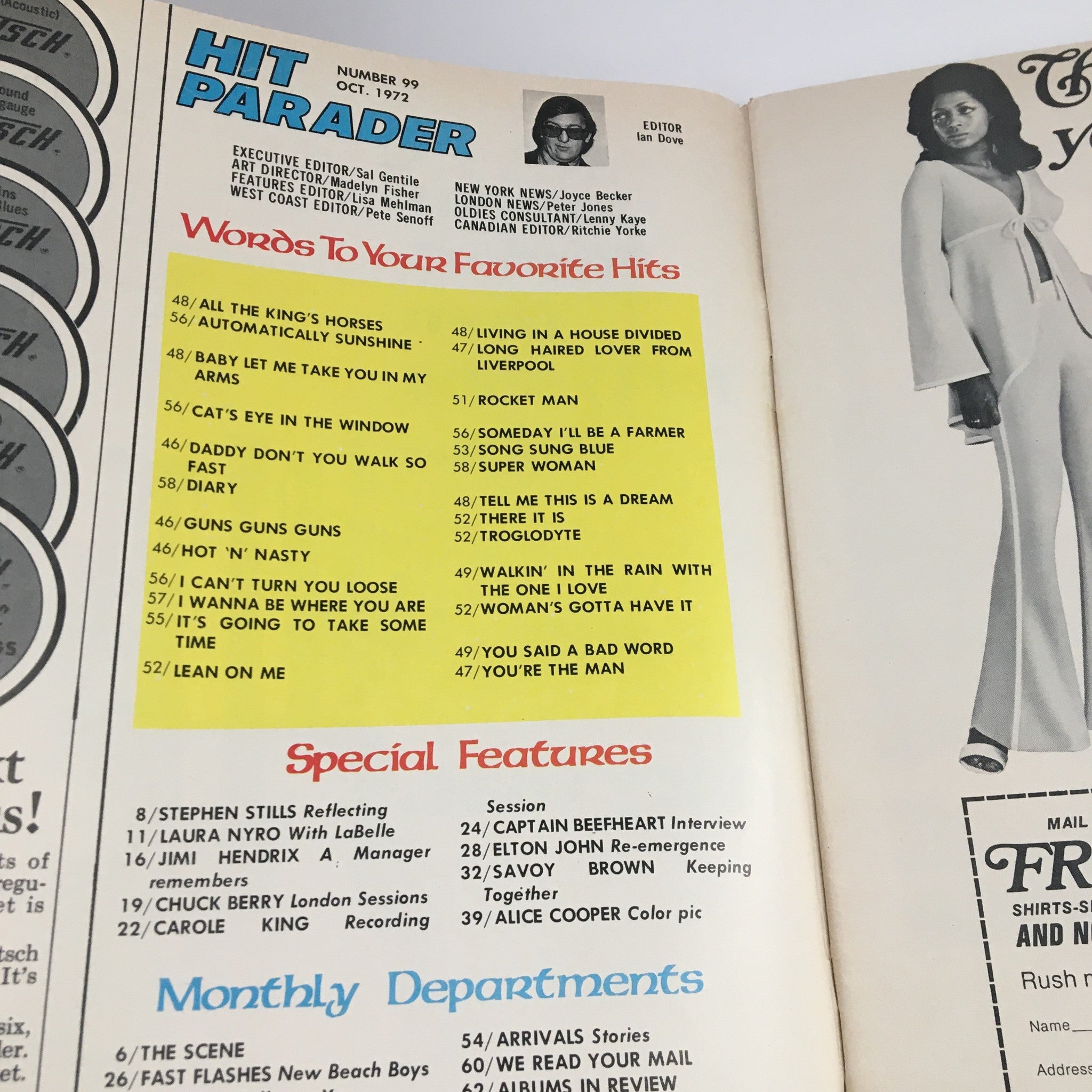 Inside page of Hit Parader Magazine October 1972 showing the table of contents, including articles on a variety of artists like Elton John and Stephen Stills, reflecting the music culture of the era.