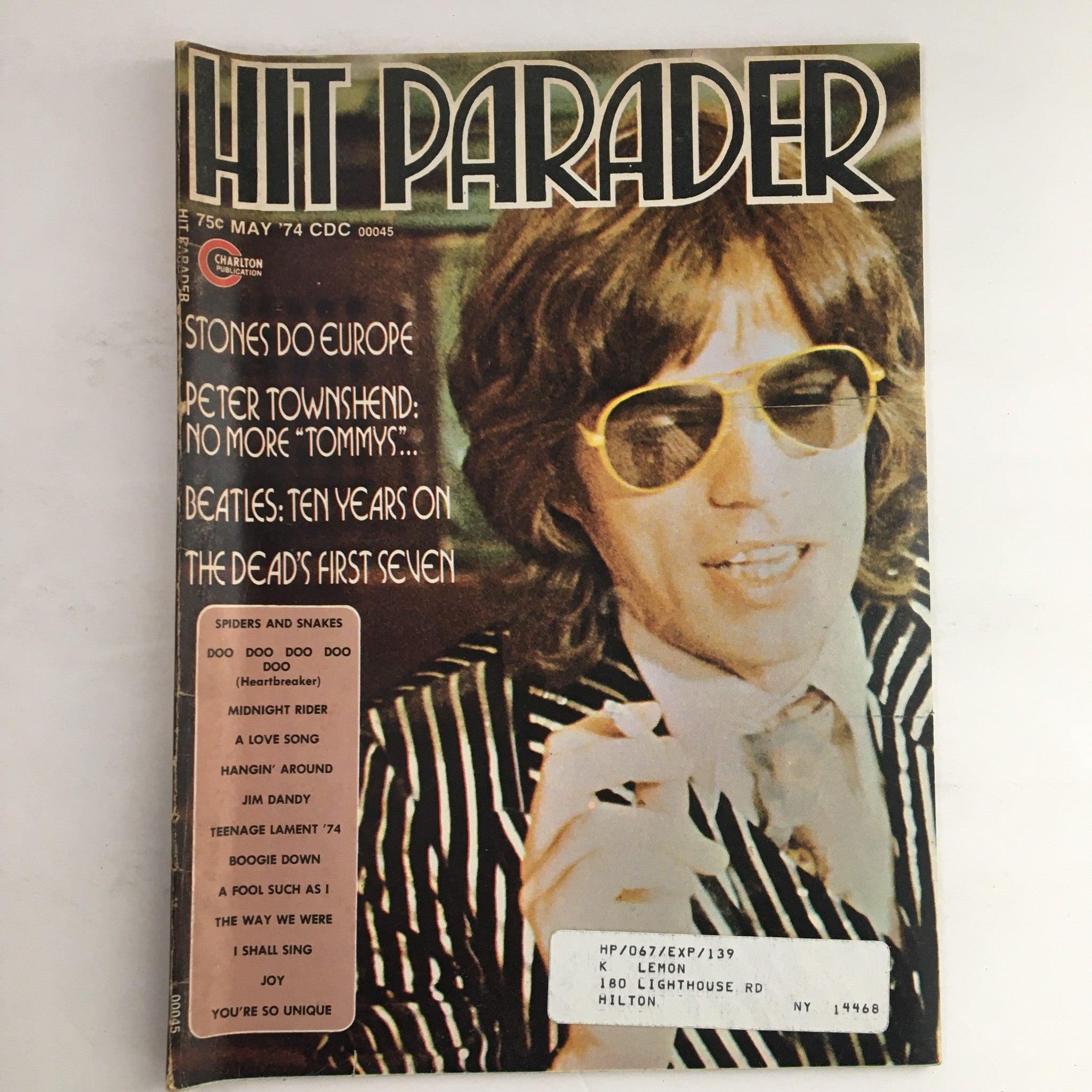 Cover of Hit Parader May 1974 magazine, featuring Peter Townsend interview along with mentions of The Beatles and Mick Ronson.