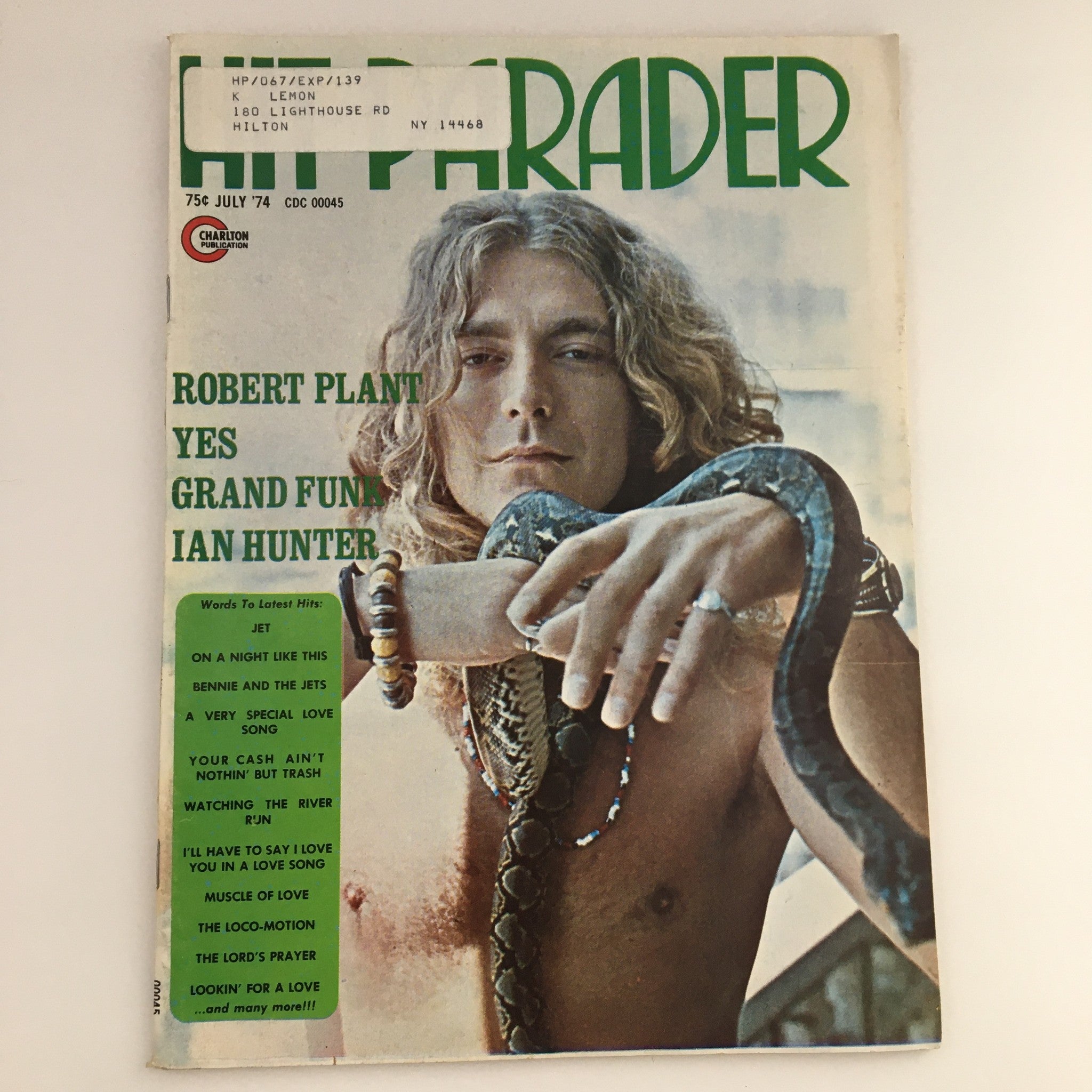 Cover of Hit Parader Magazine July 1974 featuring Robert Plant, Yes, Grand Funk, and Ian Hunter with a distinctive snake design.
