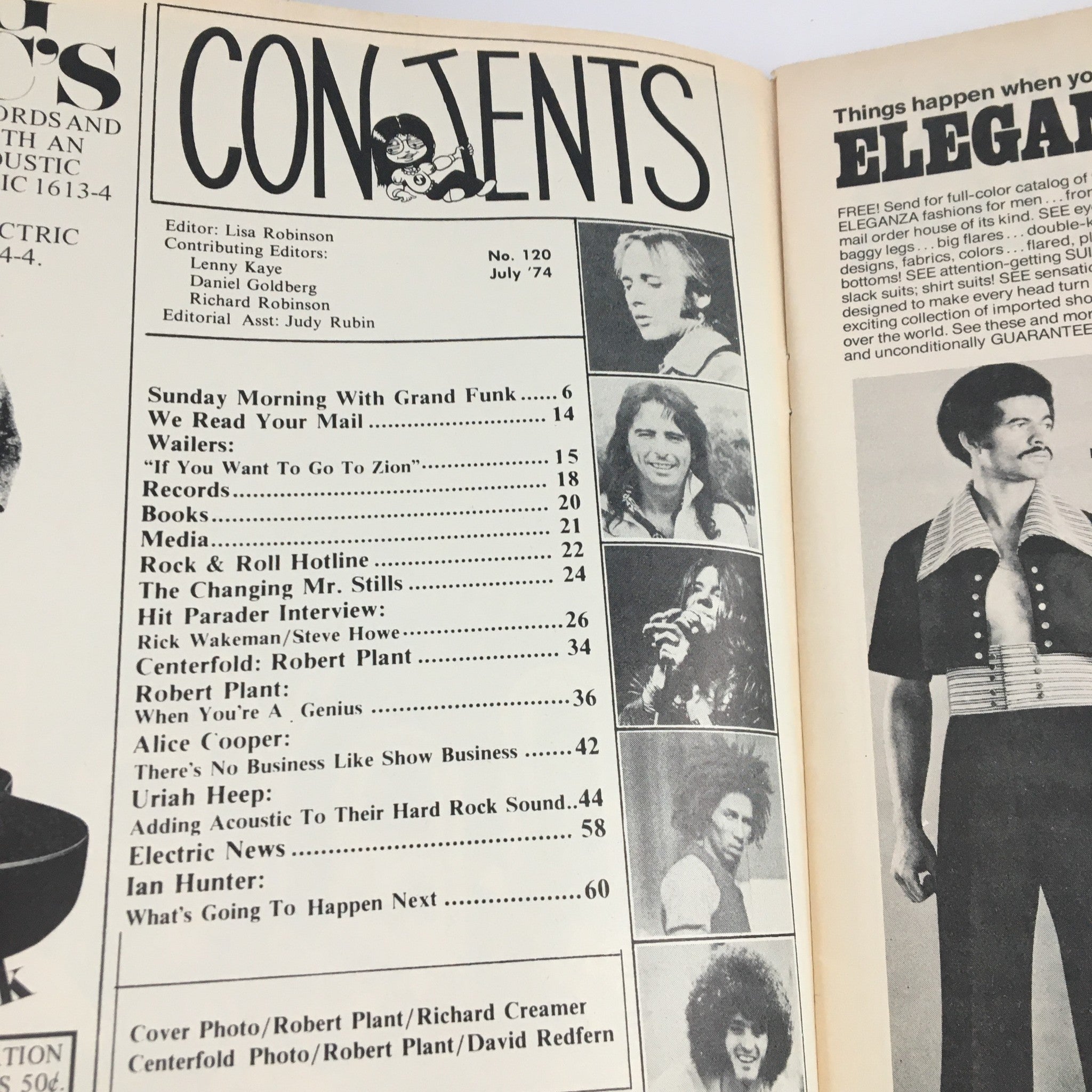 Contents page of Hit Parader Magazine July 1974 listing articles about Robert Plant, Yes, Grand Funk, and Ian Hunter.
