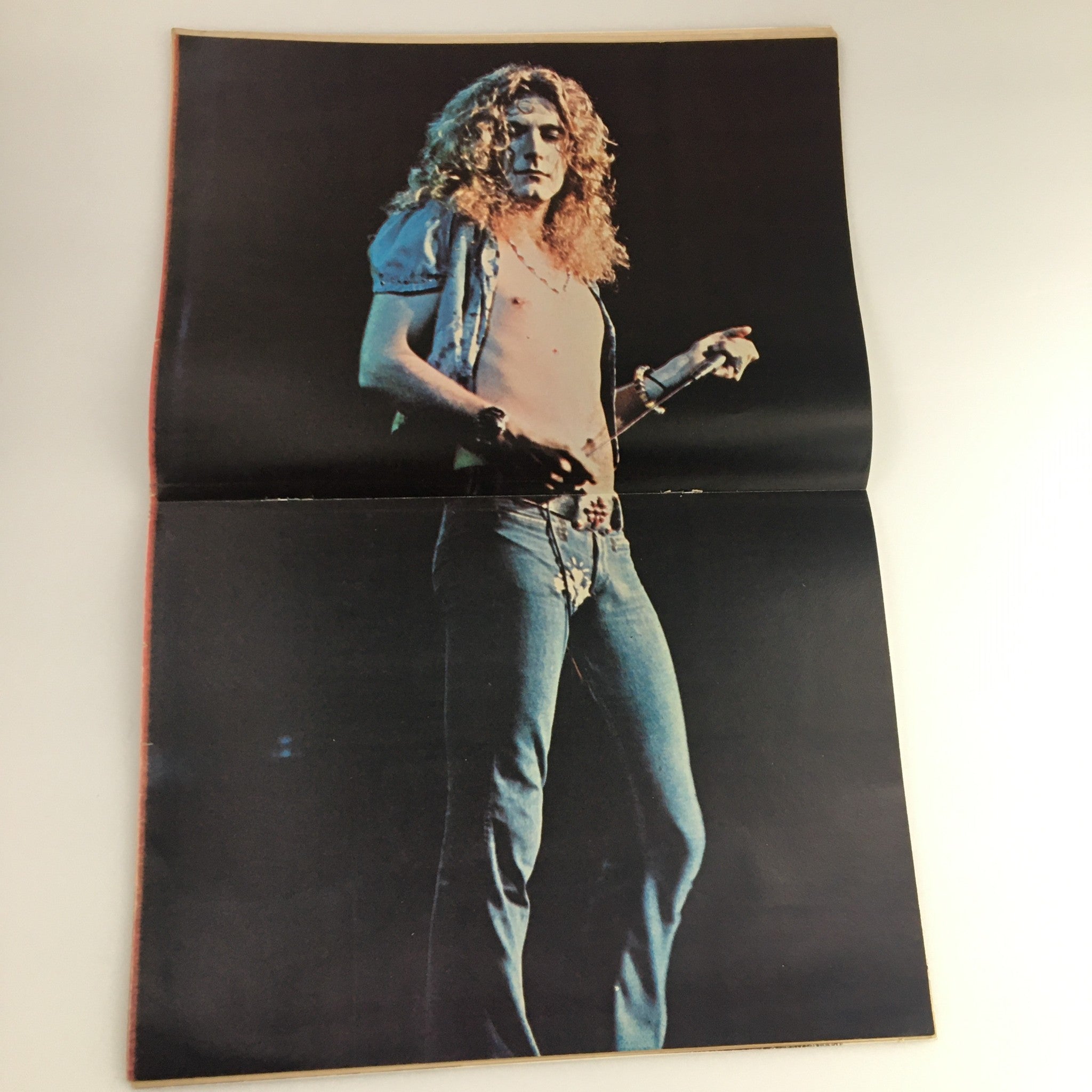 Inside foldout poster of Robert Plant from Hit Parader Magazine July 1974 showcasing his iconic stage presence.