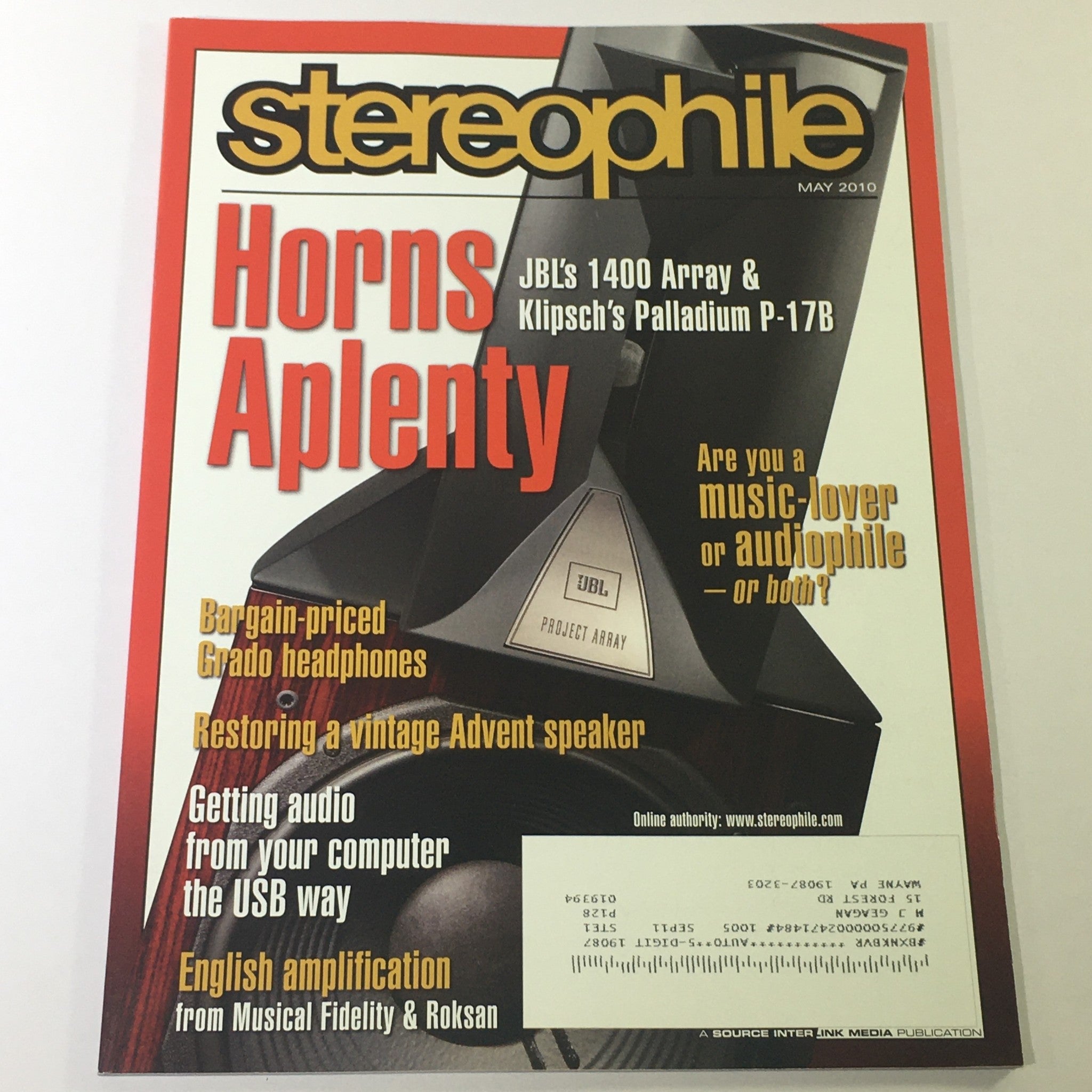 Cover of Stereophile Magazine May 2010 featuring JBL 1400 Array and Klipsch Palladium P-17B Horns, showcasing audio advancements and reviews.