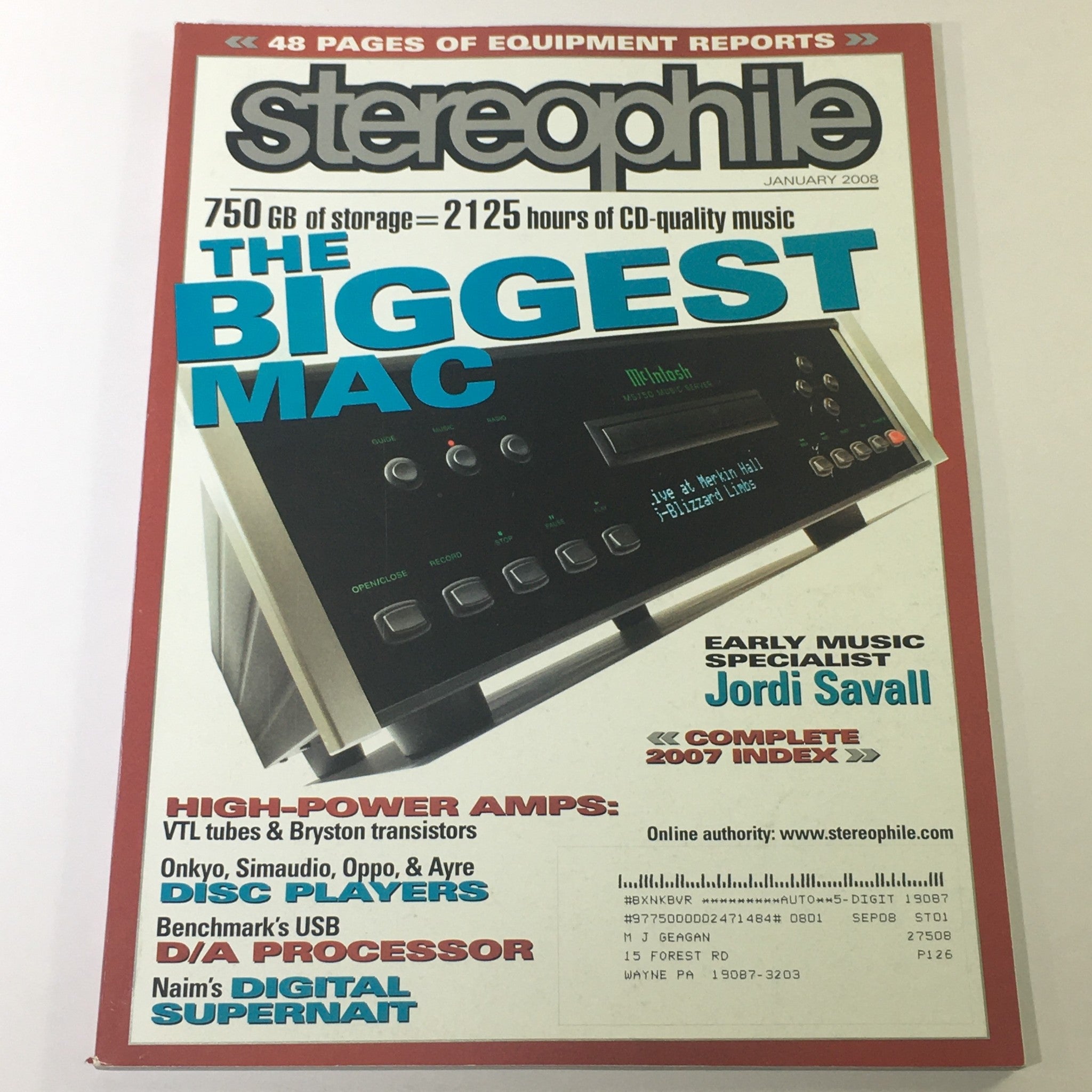 Stereophile Magazine January 2008 - Jordi Savall Music Specialist / VTL Tube AMP