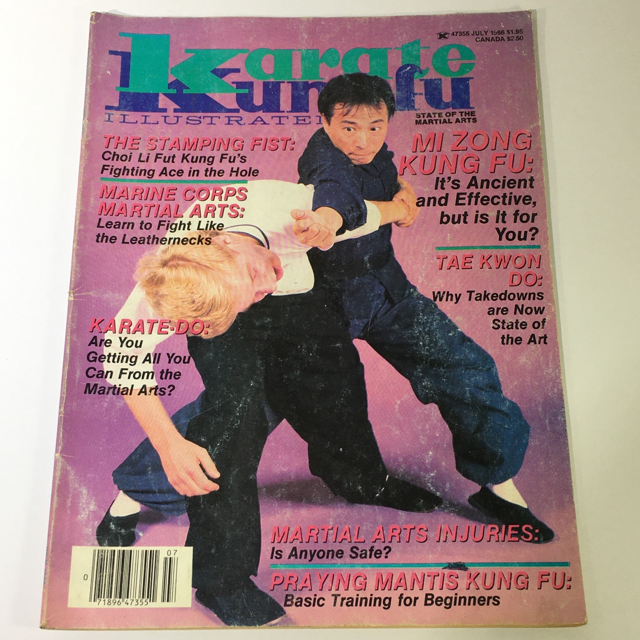 Cover of VTG Karate Kungfu Illustrated Magazine July 1986 featuring articles on Choi Lu Fut and Mi Zong Kung Fu, showcasing martial arts techniques and training tips.