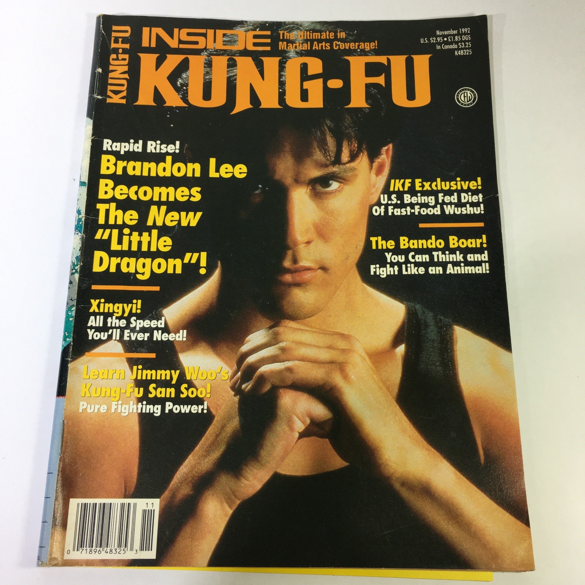 Cover of Inside Kung Fu Magazine November 1992 featuring Brandon Lee, highlighting his role as the new 'Little Dragon' and articles about Jimmy Woo's Kung Fu.