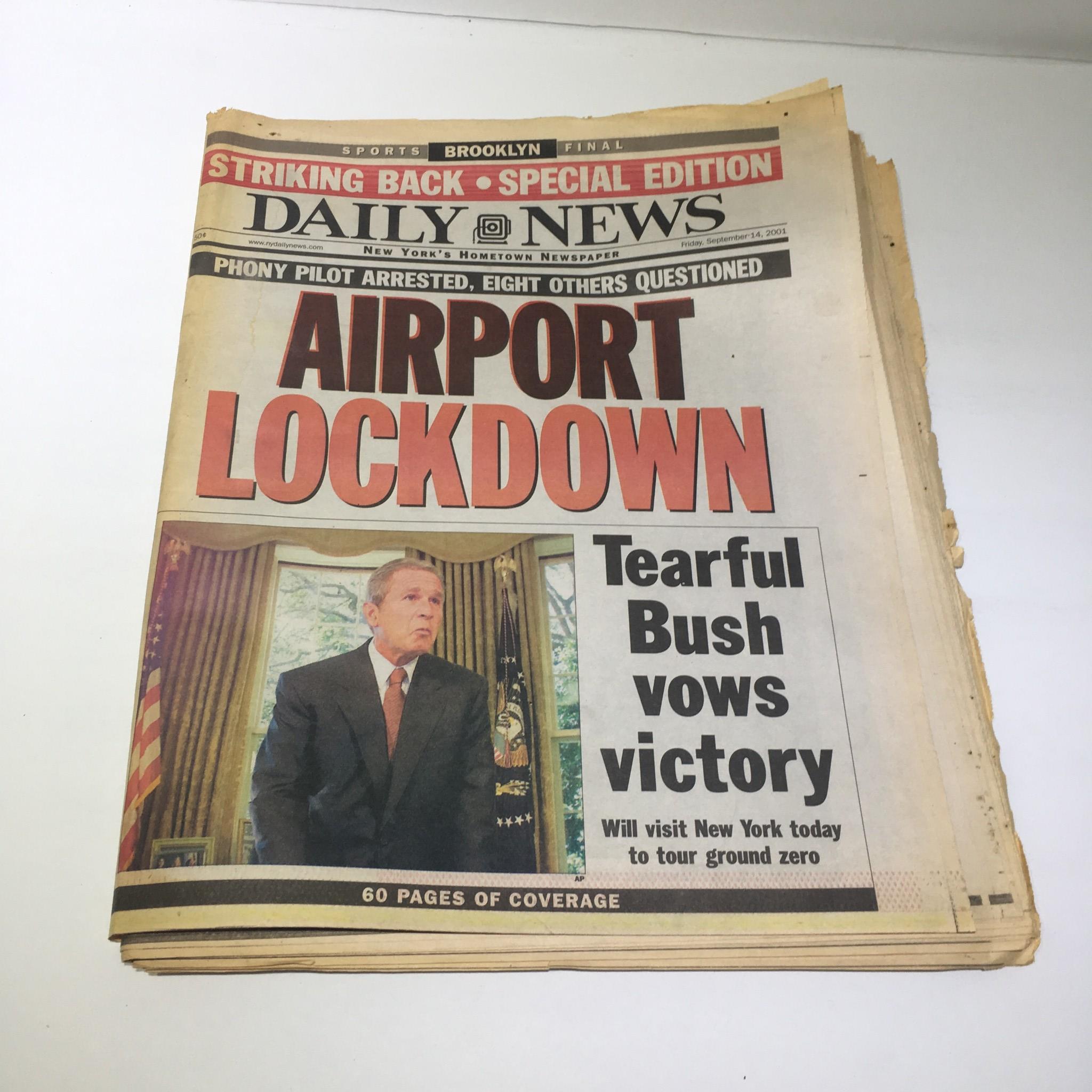 NY Daily News:9/14/2001, Airport Lockdown, Tearful Pres Bush Vows Victory