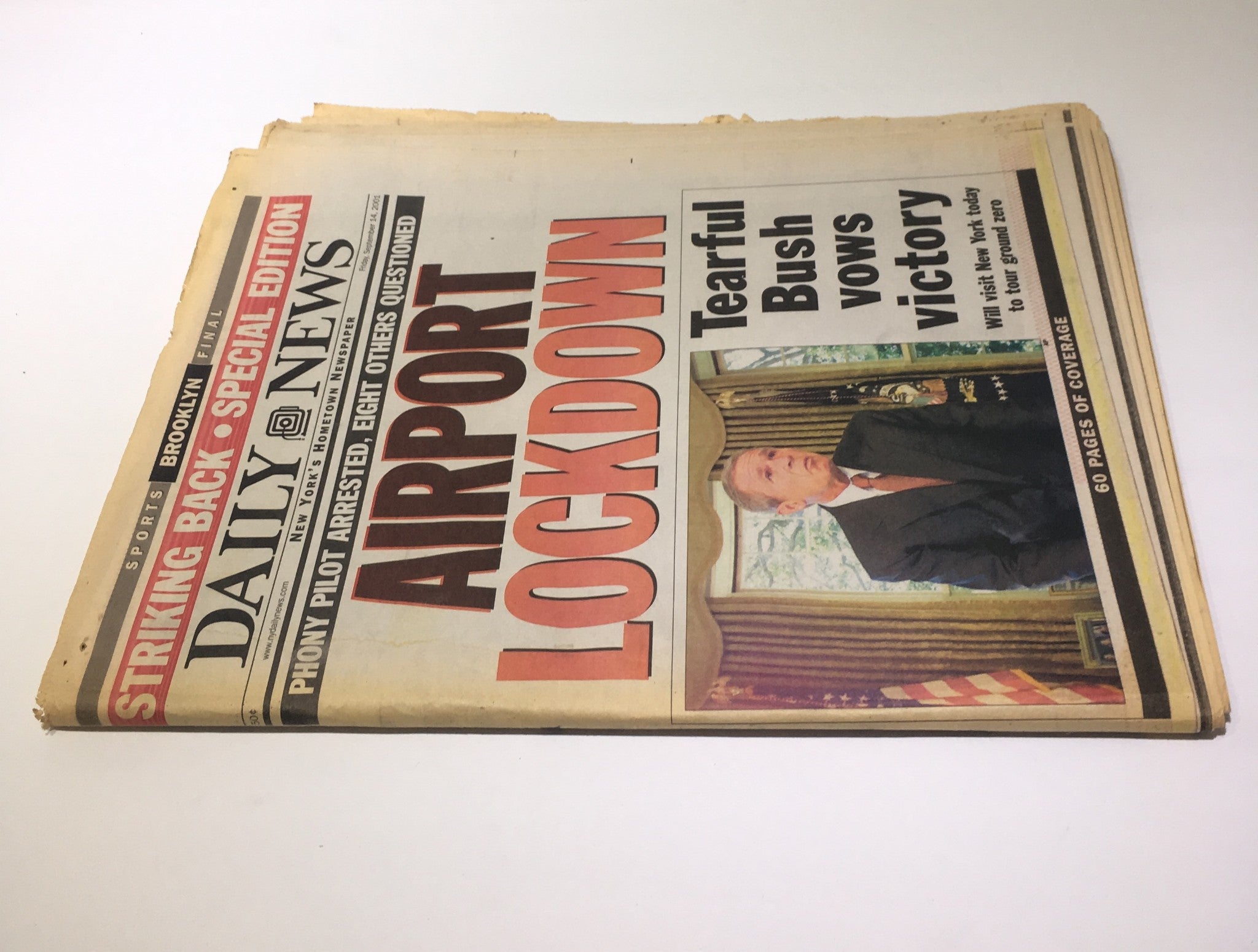 NY Daily News:9/14/2001, Airport Lockdown, Tearful Pres Bush Vows Victory