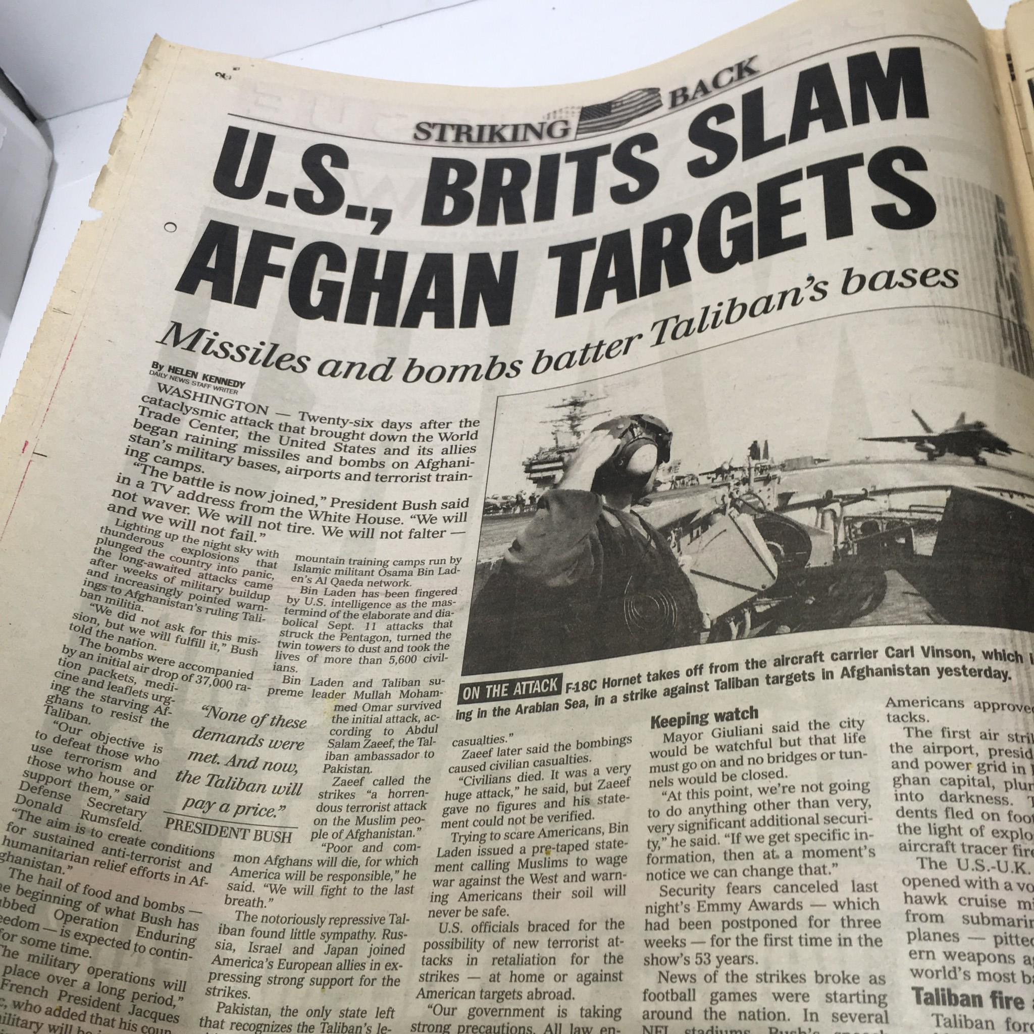 NY Daily News:10/8/2001, U.S Brits Bomb Afghan Targets, Bush Vows