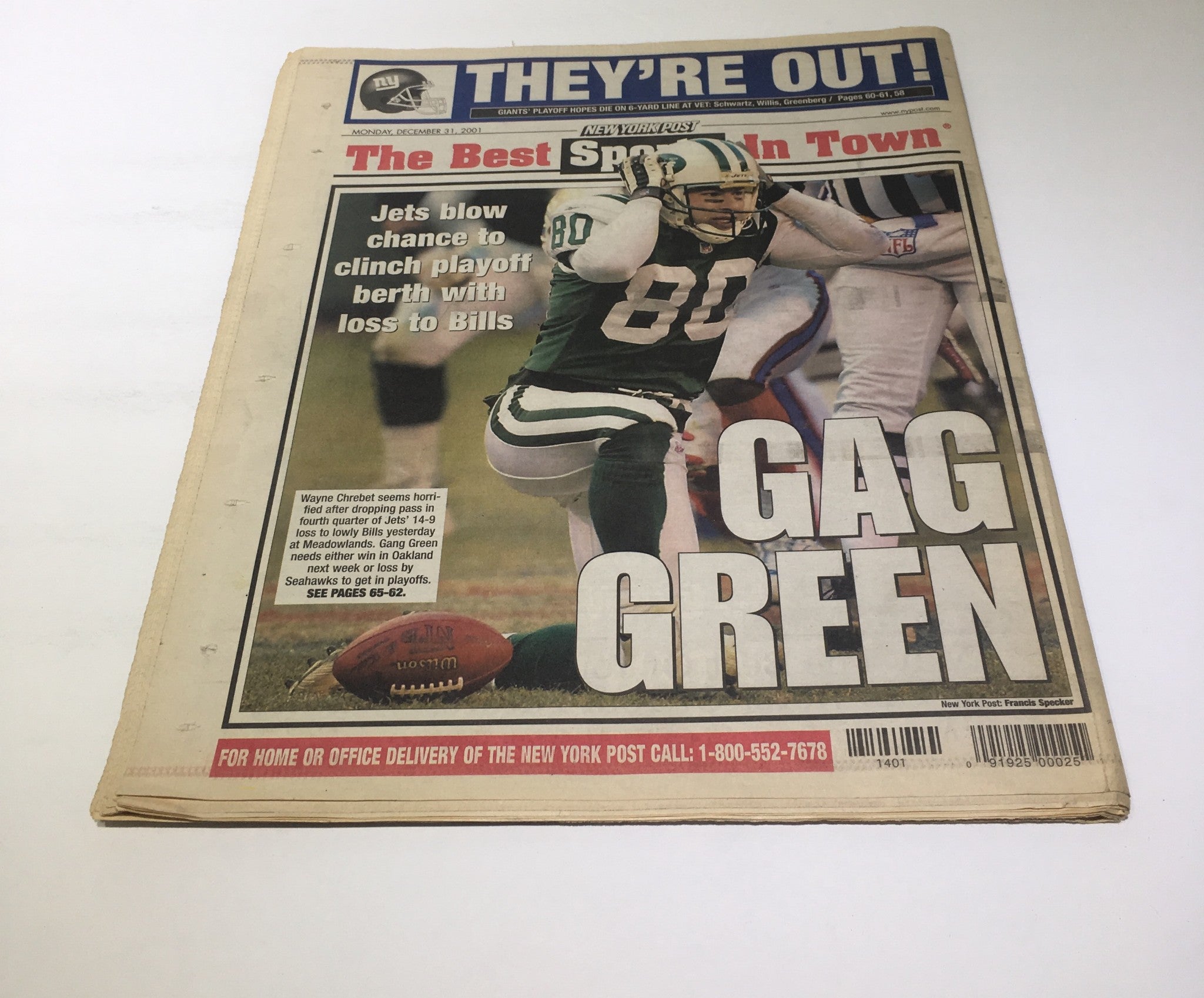 NY Post:12/31/2001 Down & out Giants Blow Playoff chance Jets Still Barely Alive