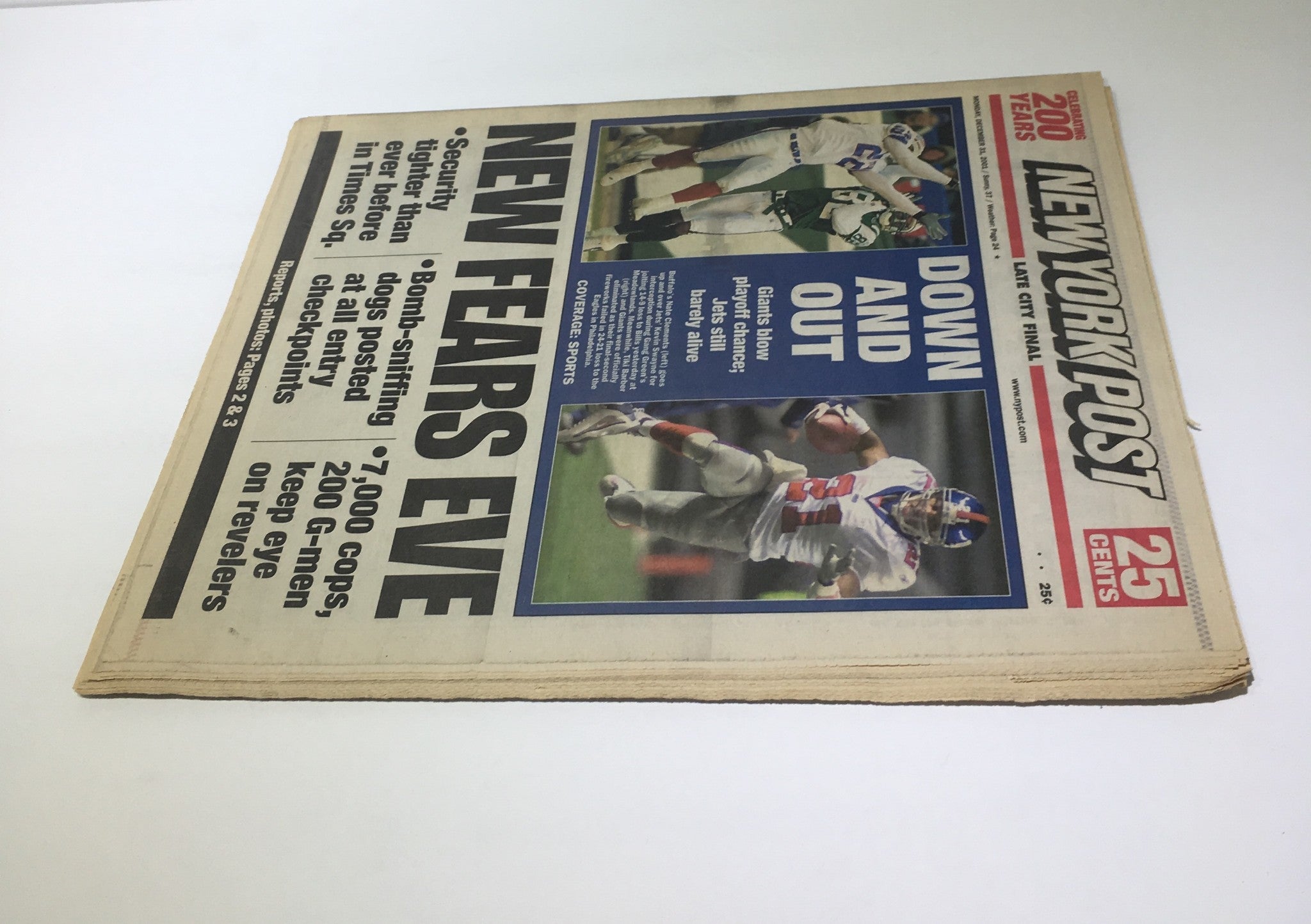 NY Post:12/31/2001 Down & out Giants Blow Playoff chance Jets Still Barely Alive