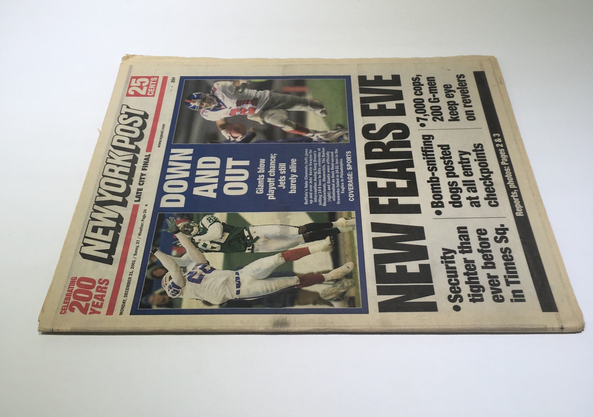 NY Post:12/31/2001 Down & out Giants Blow Playoff chance Jets Still Barely Alive