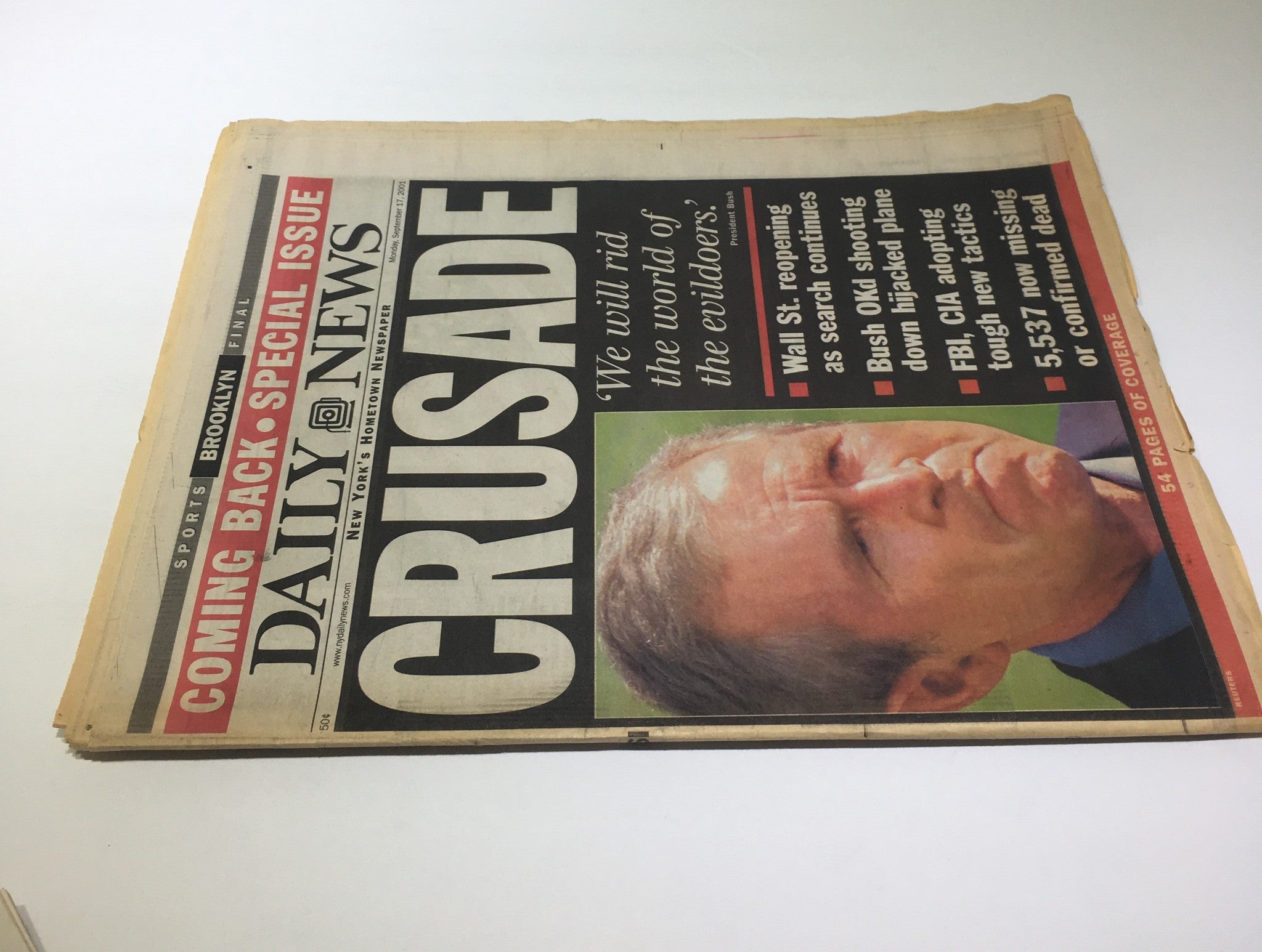 NY Daily News September 17, 2001 cover titled 'CRUSADE' with President Bush's image, emphasizing urgent national concerns amidst the events of 9/11.