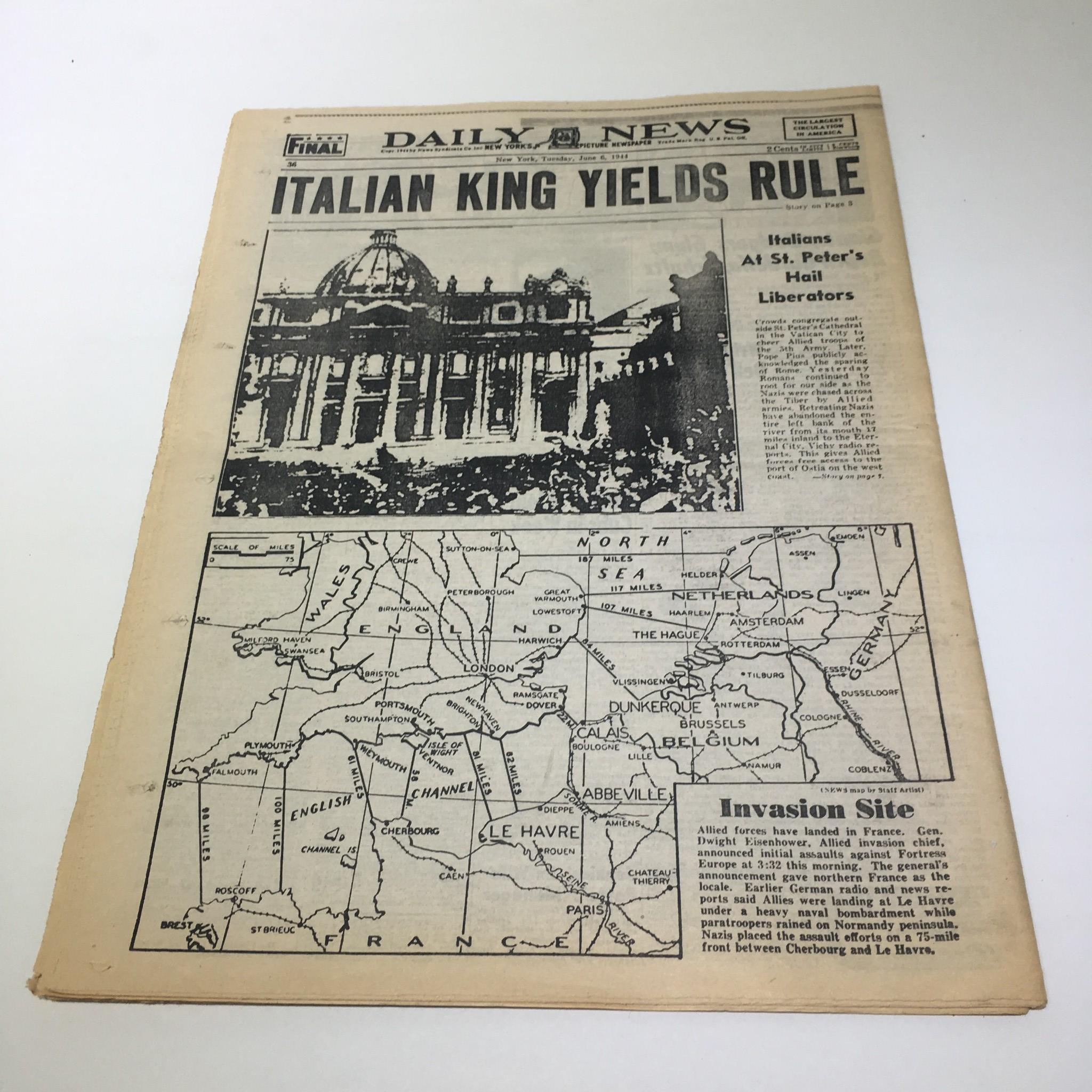 Front page of the NY Daily News June 6, 1944 highlighting the news 'Italian King Yields Rule' along with a map detailing the invasion site during World War II.
