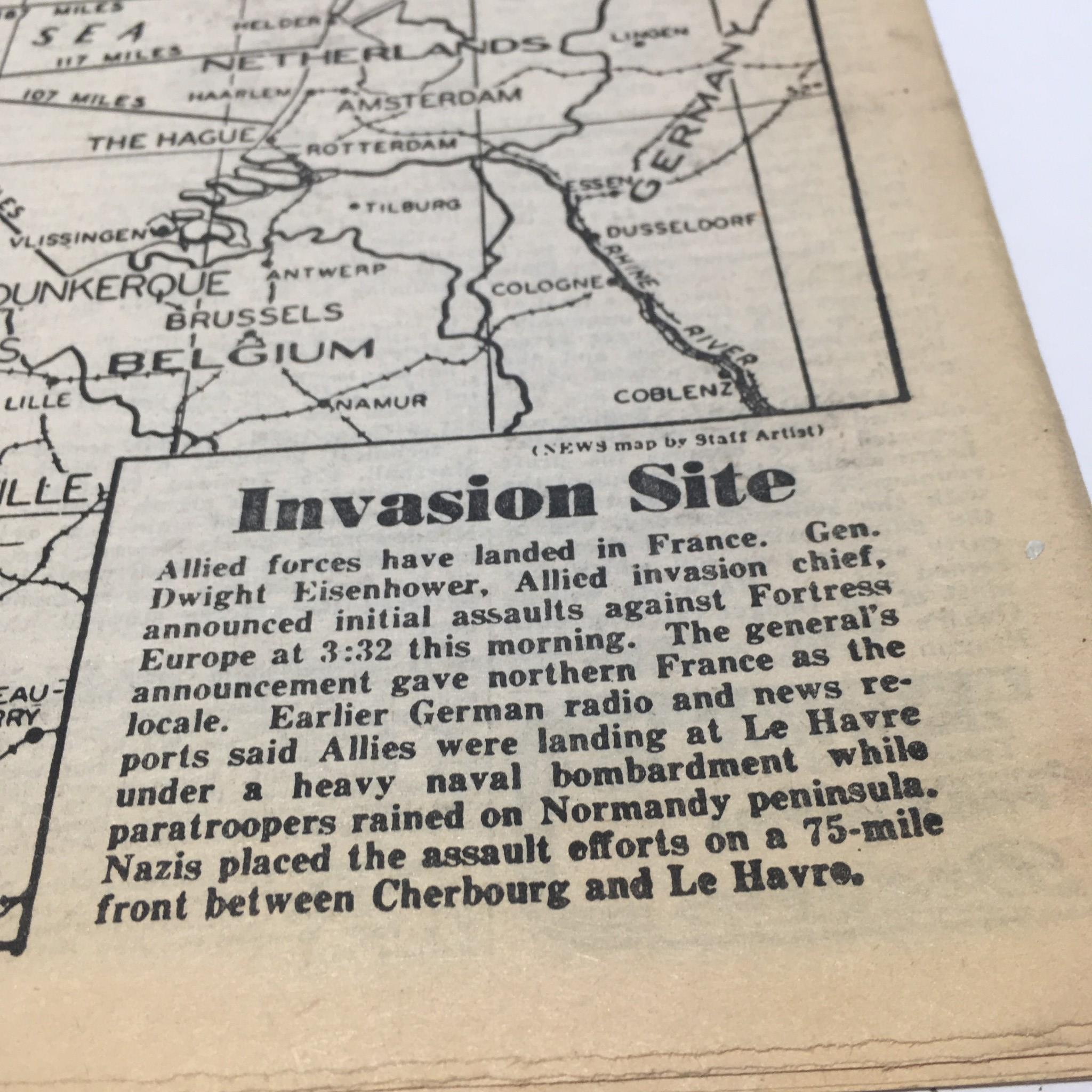 Map image showing the invasion site of Allied forces led by General Dwight Eisenhower in France during World War II, as featured in the NY Daily News: June 6 1944.