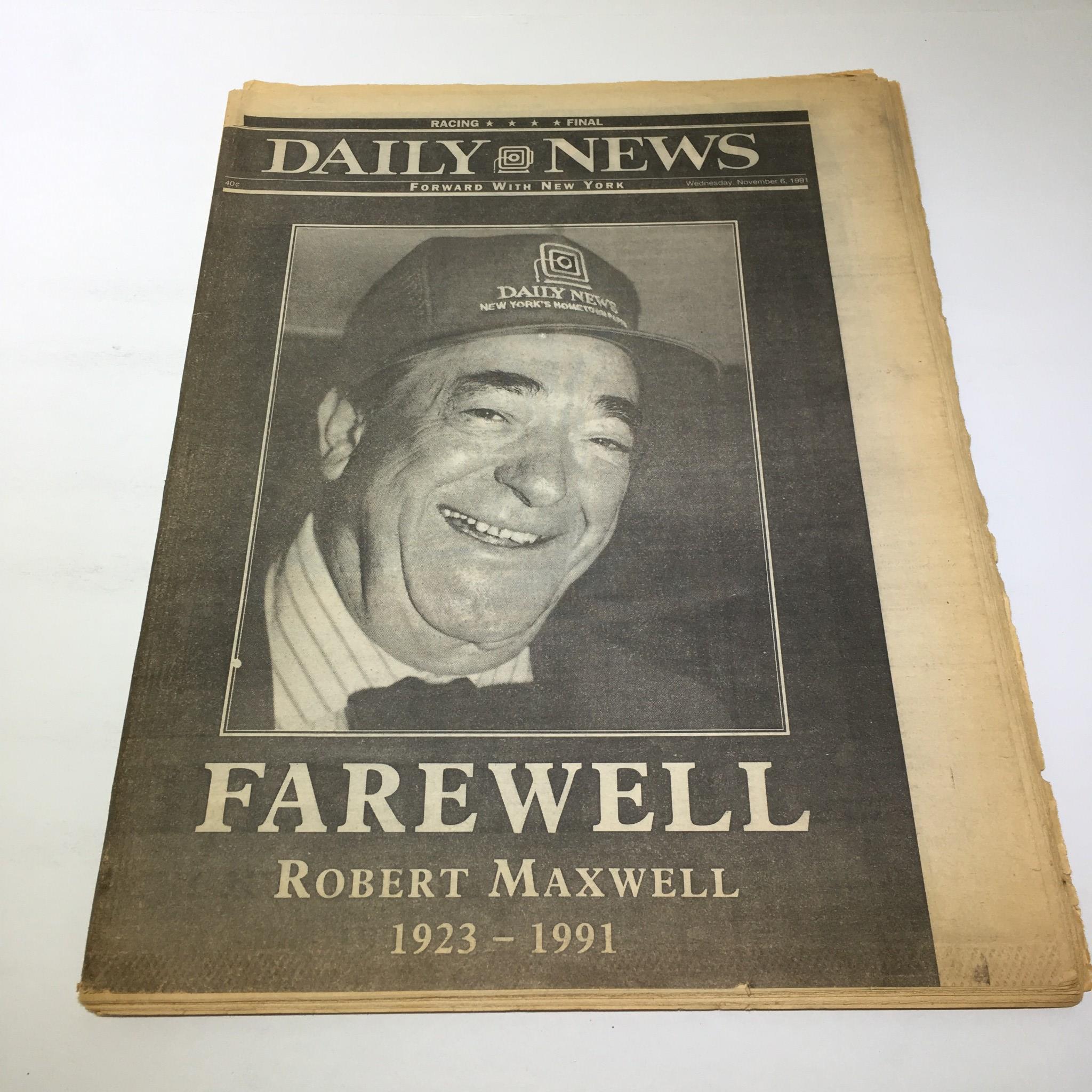 NY Daily News cover from November 6, 1991, featuring the title 'Farewell Robert Maxwell 1923-1991' with an image of Robert Maxwell smiling, highlighting the publication's tribute.