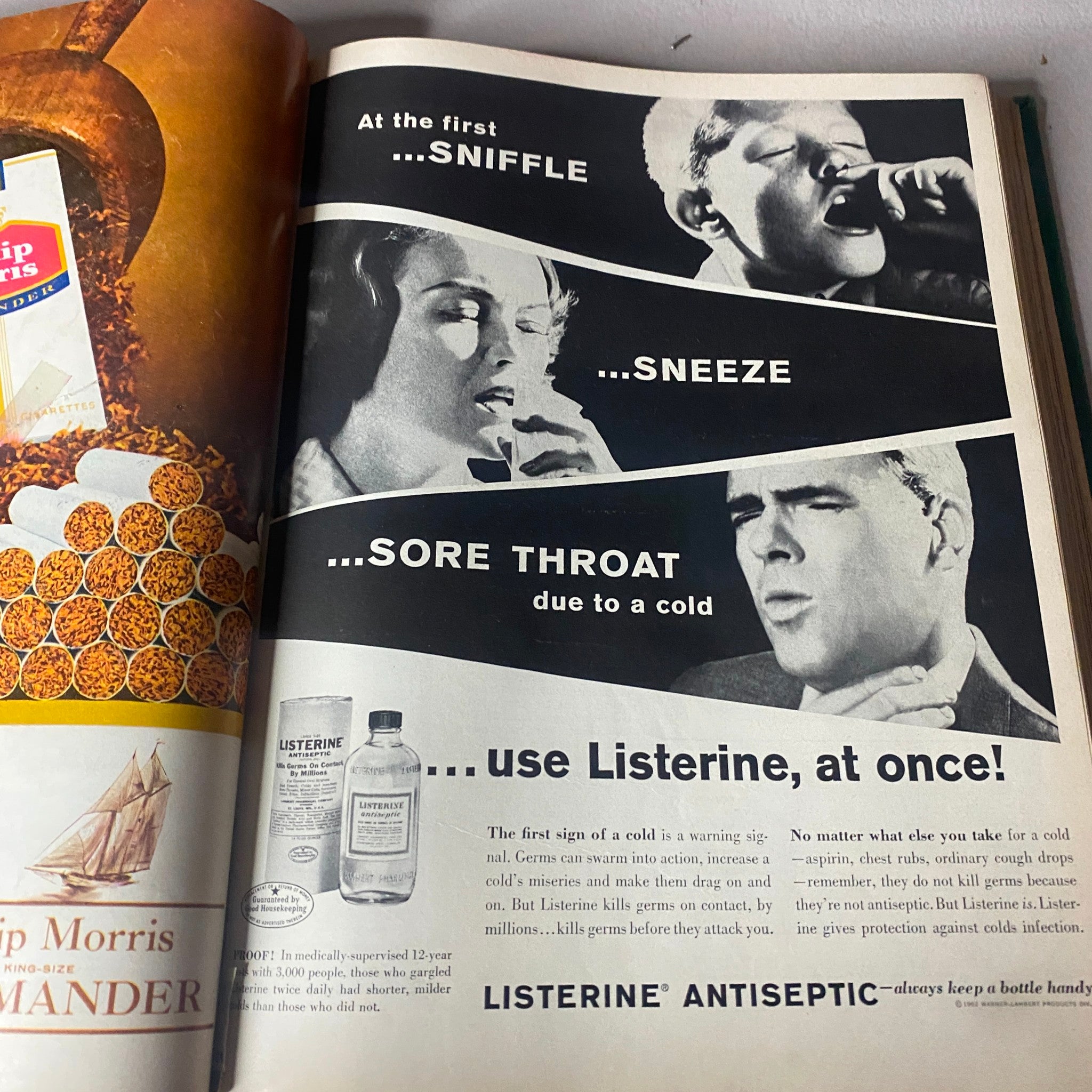Interior page of the VTG 1962 Bound Life Magazine, displaying a Listerine advertisement related to cold symptoms.