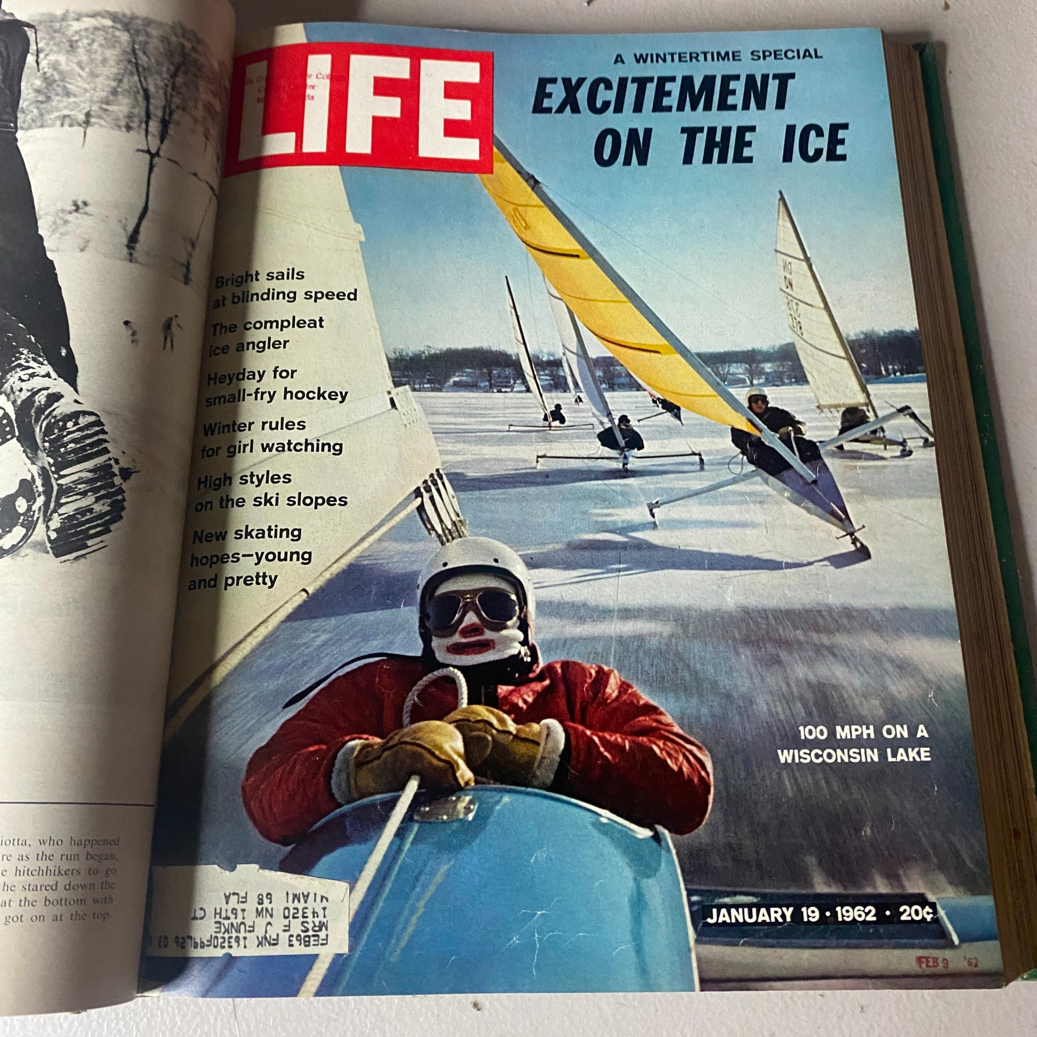 VTG 1962 Bound Life Magazine Cover featuring excitement on the ice with iceboating scene from January 19, 1962 issue.