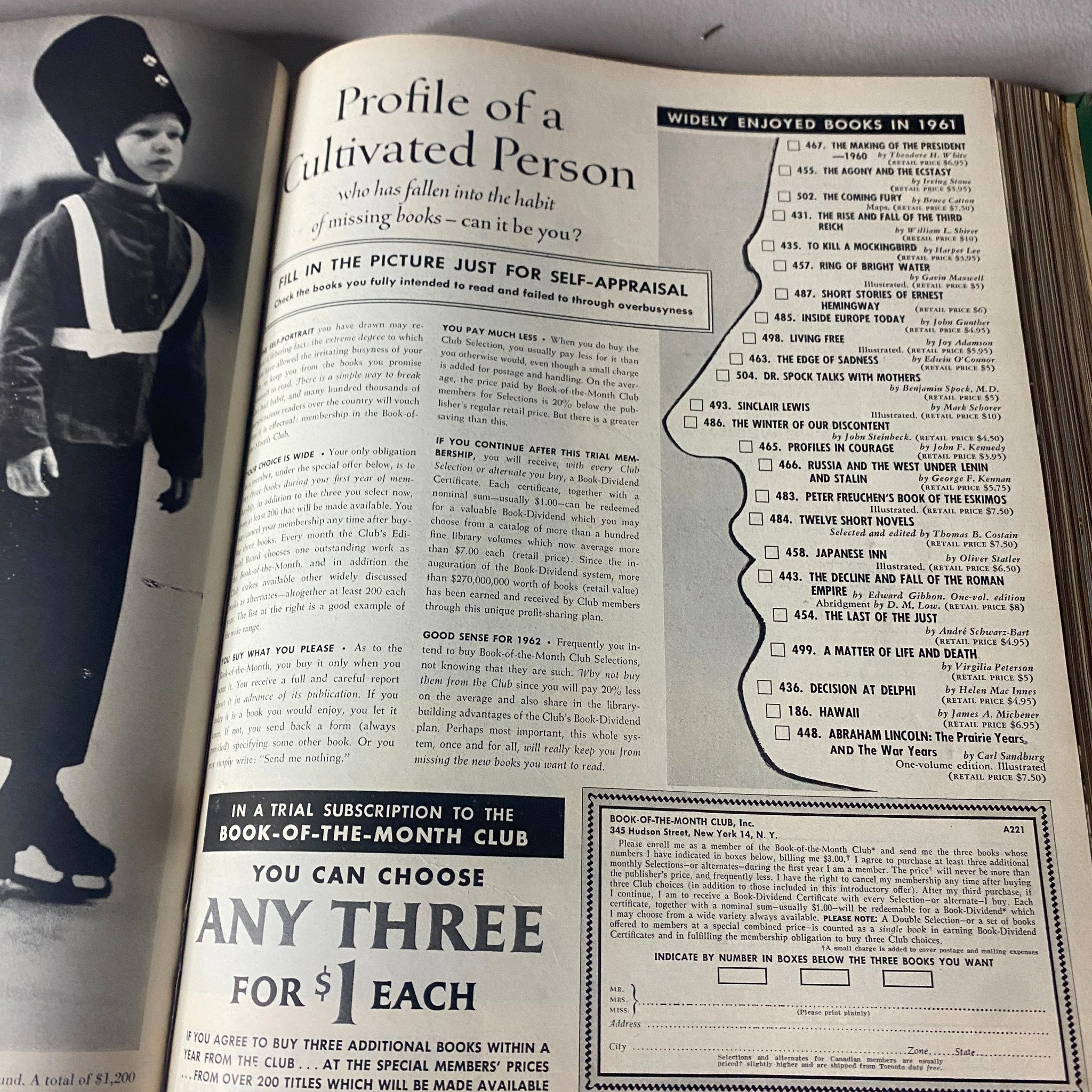 Magazine page from VTG 1962 Bound Life Magazine with a profile of a cultivated person ad and Book-of-the-Month Club subscription offer.