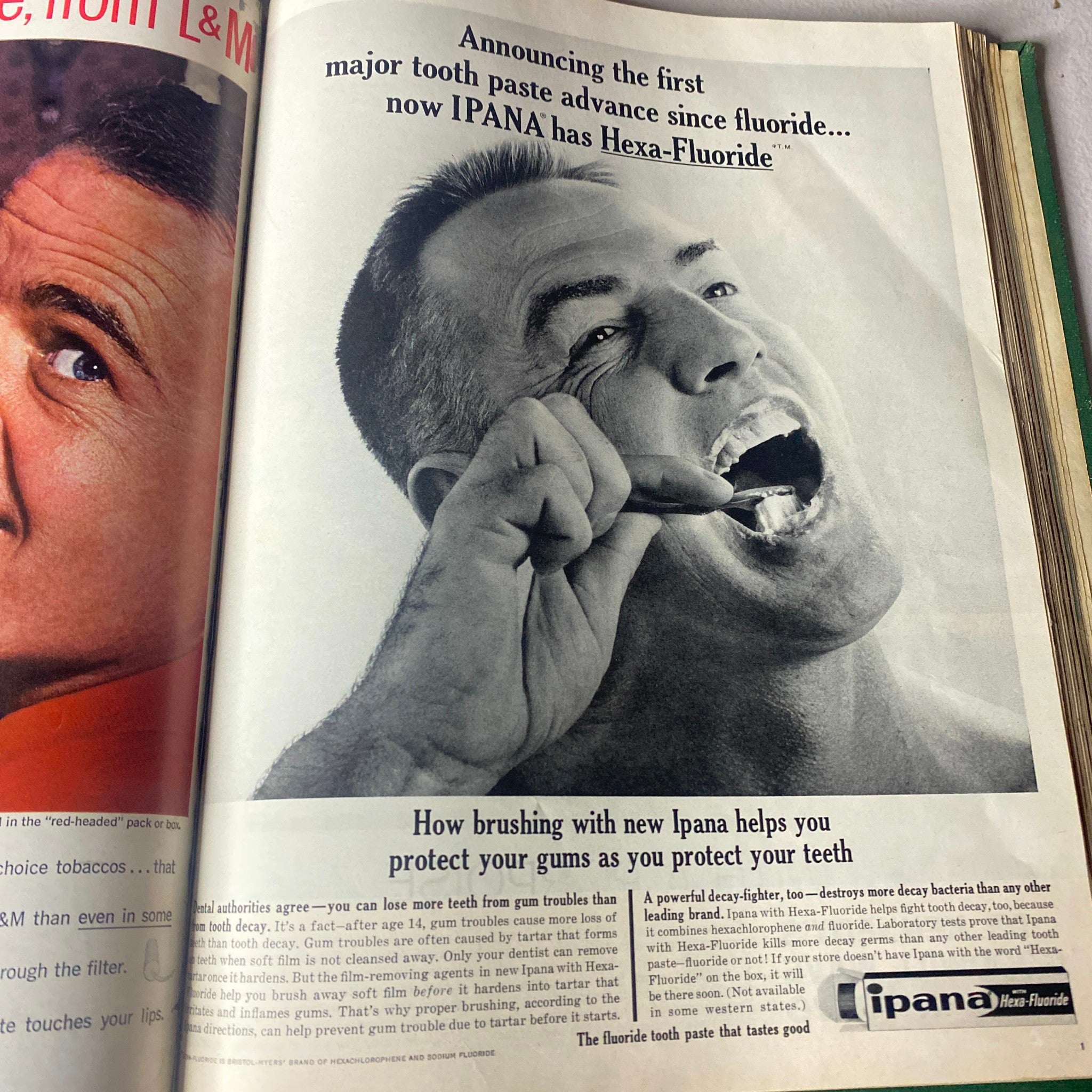 Magazine page from VTG 1962 Bound Life Magazine featuring an advertisement for Ipana toothpaste with a man brushing his teeth.