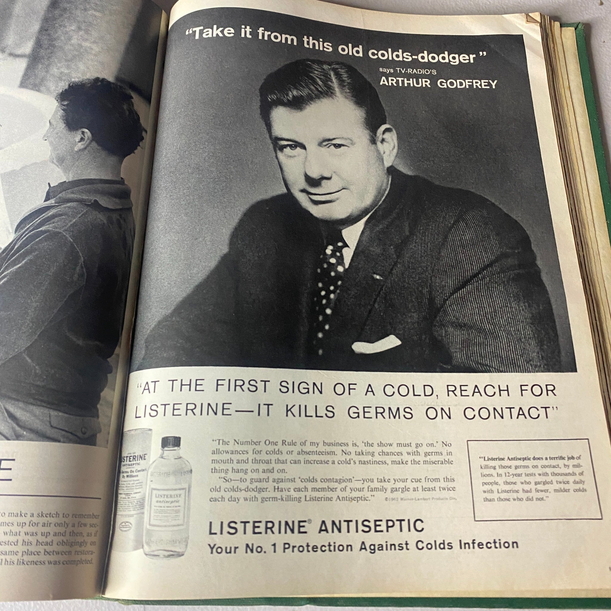 Advertisement featuring Arthur Godfrey promoting Listerine in the VTG 1962 Bound Life Magazine January-February Weekly Issue, highlighting its effectiveness at the first sign of a cold.