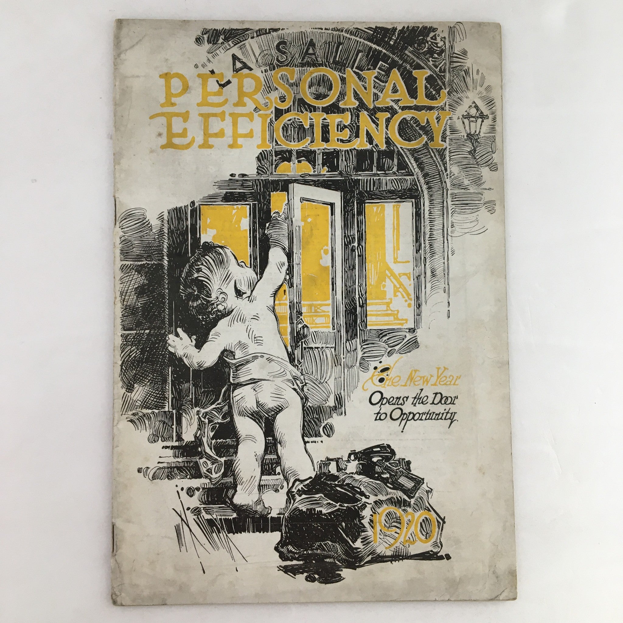 Cover of Personal Efficiency Magazine January 1920 featuring a child reaching towards a door with the text 'The New Year Opens Door to Opportunity'.