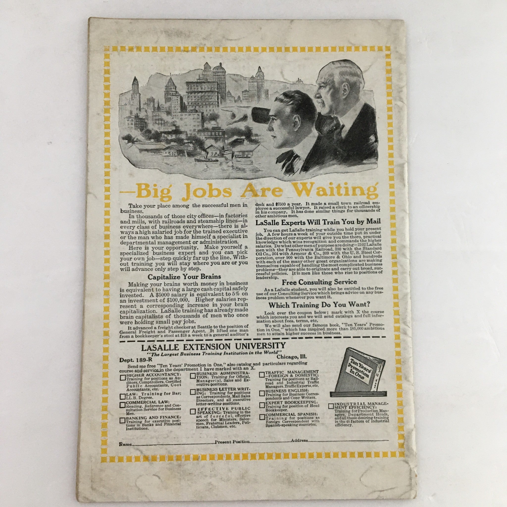 Back cover of Personal Efficiency Magazine January 1920 showcasing an advertisement for LaSalle Extension University and the phrase 'Big Jobs Are Waiting'.