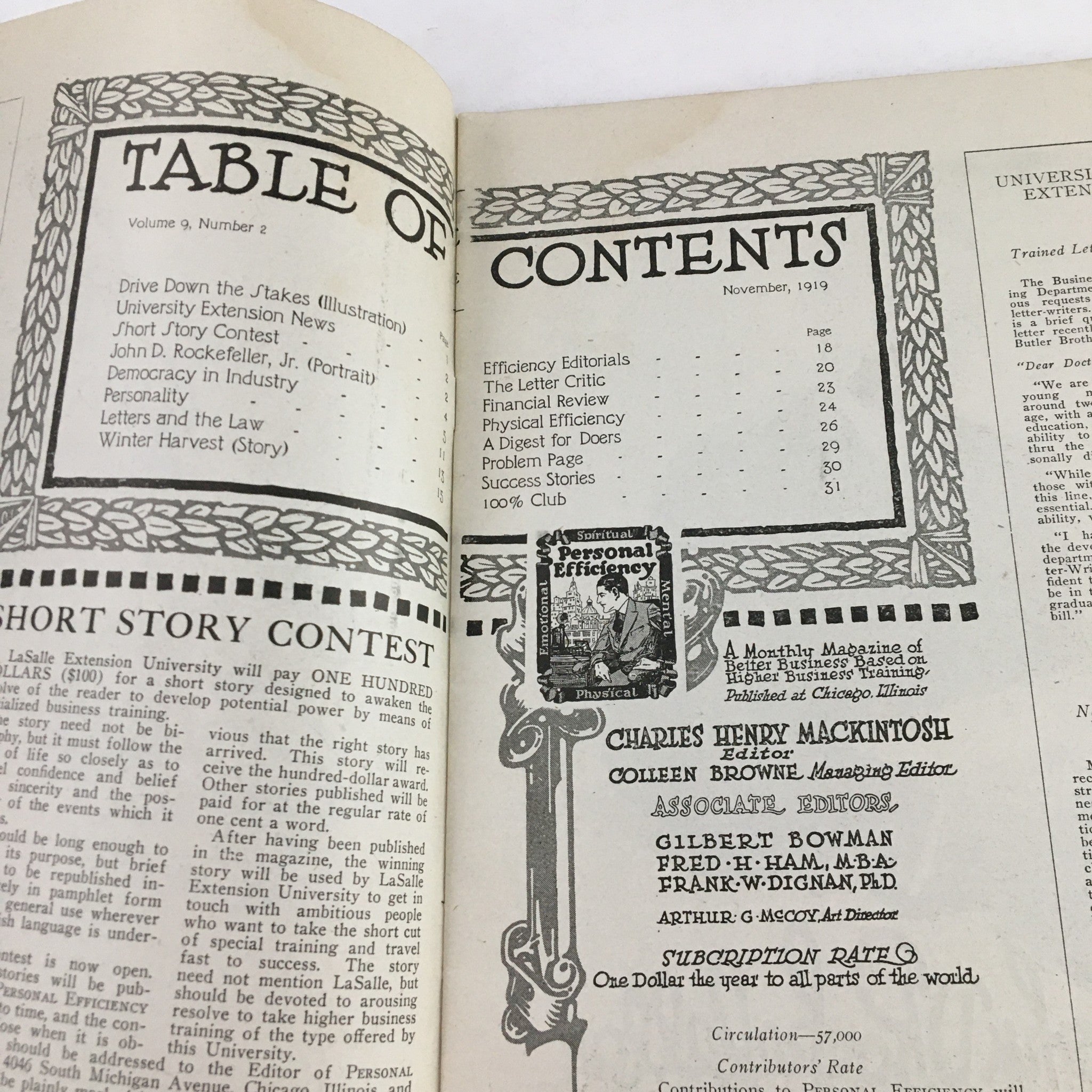 Table of contents for Personal Efficiency Magazine November 1919, listing articles including 'Drive Down the Stakes', showcasing the magazine's focus on enhancing personal efficiency.