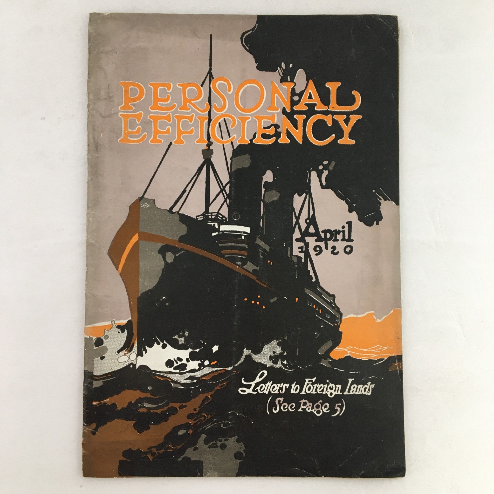 Cover of Personal Efficiency Magazine April 1920 featuring a vintage illustration of a ship at sea.
