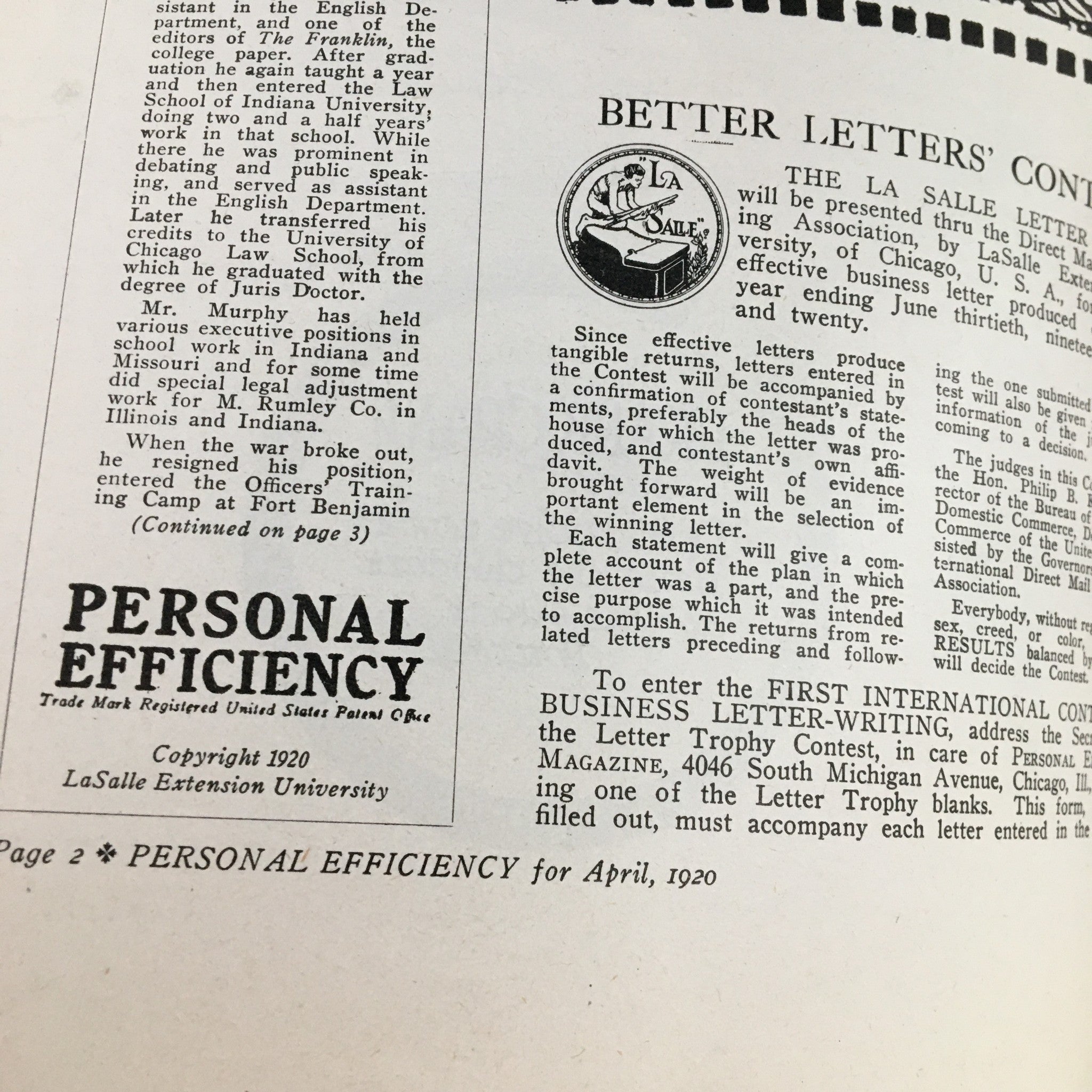Second page of Personal Efficiency Magazine April 1920 showing the start of an article about the Better Letters' Contest.