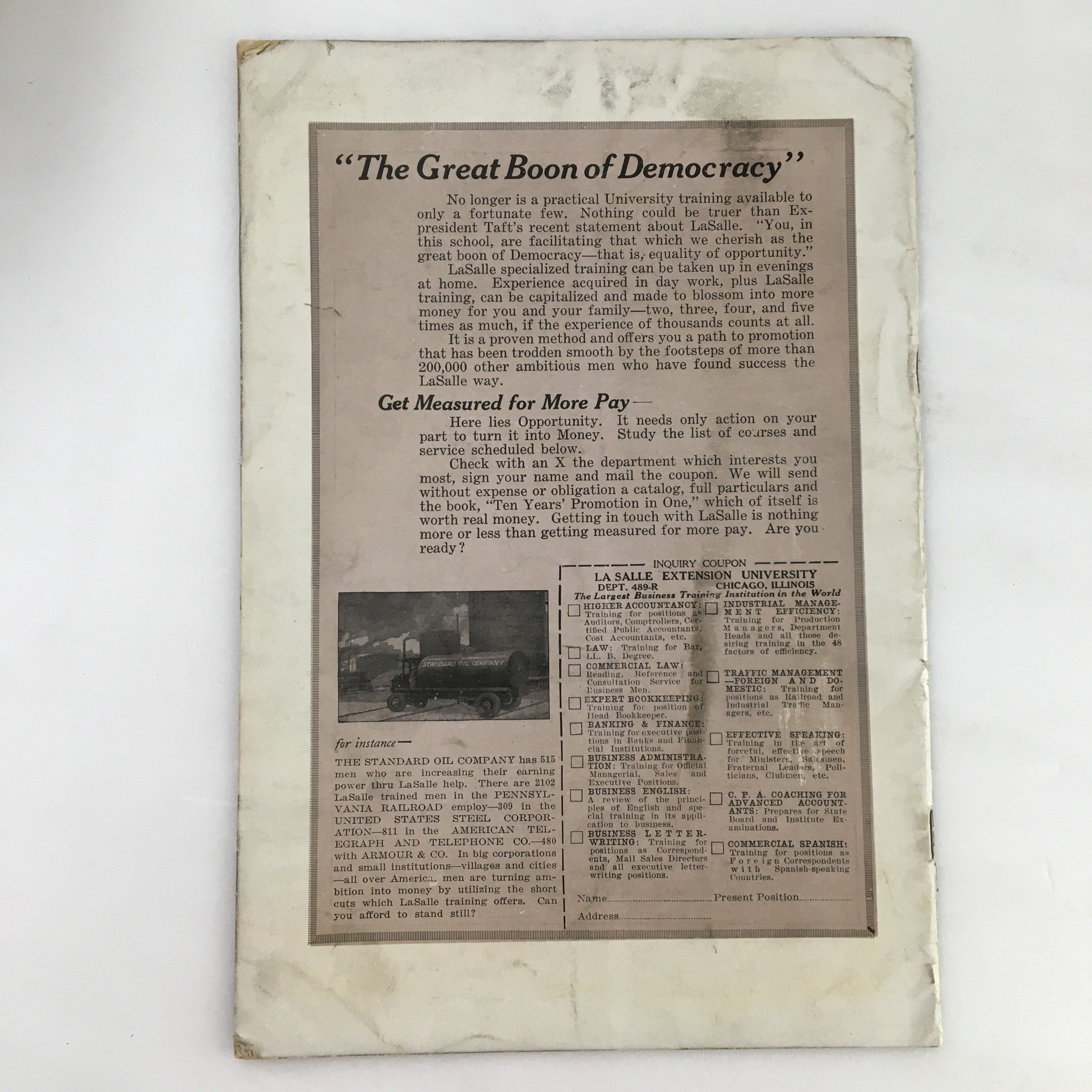 Back page of Personal Efficiency Magazine April 1920 discussing training opportunities from La Salle Extension University.